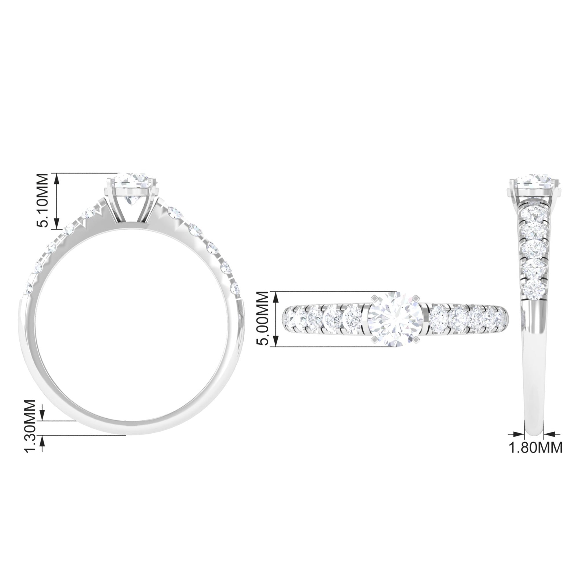 1 CT Round Cubic Zirconia Side Stone Engagement Ring AAAA - Rosec Jewels