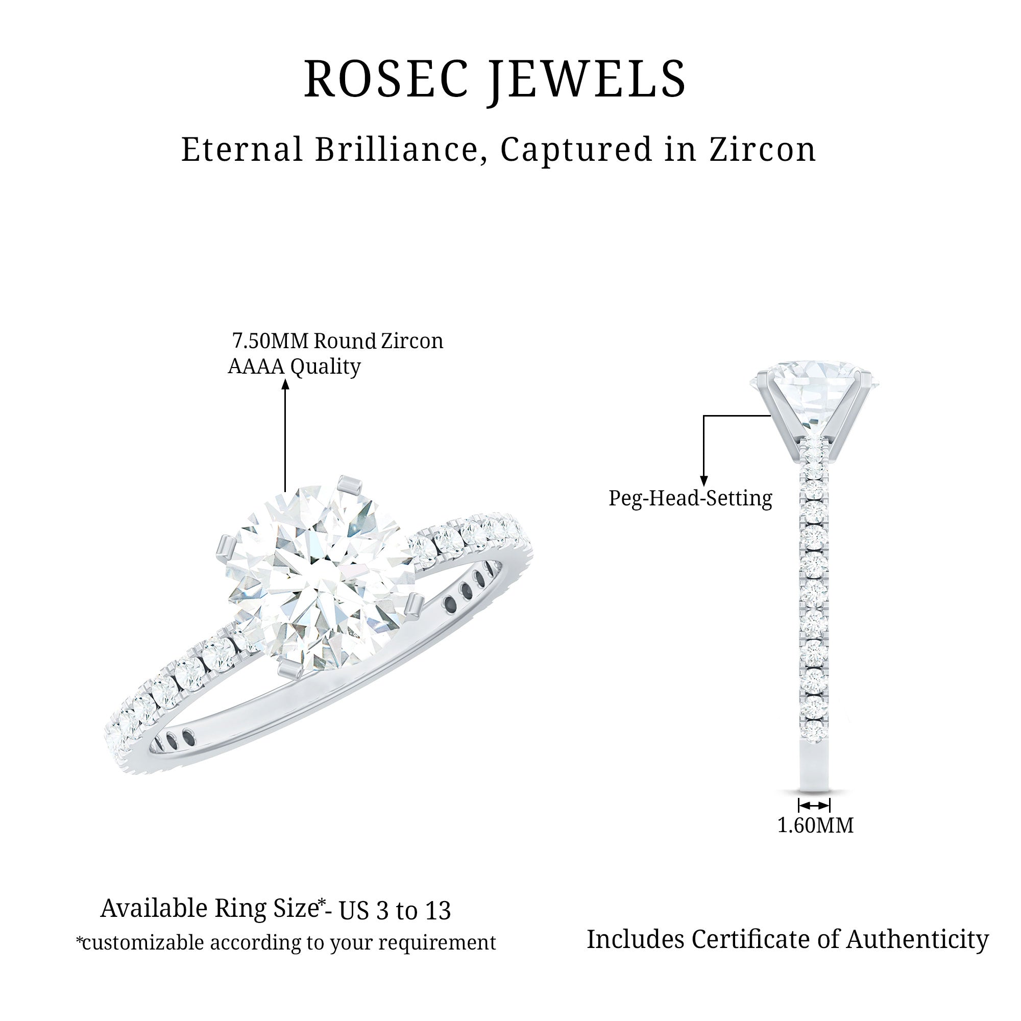 2.75 CT Zircon Solitaire Engagement Ring with Side Stones AAAA - Rosec Jewels