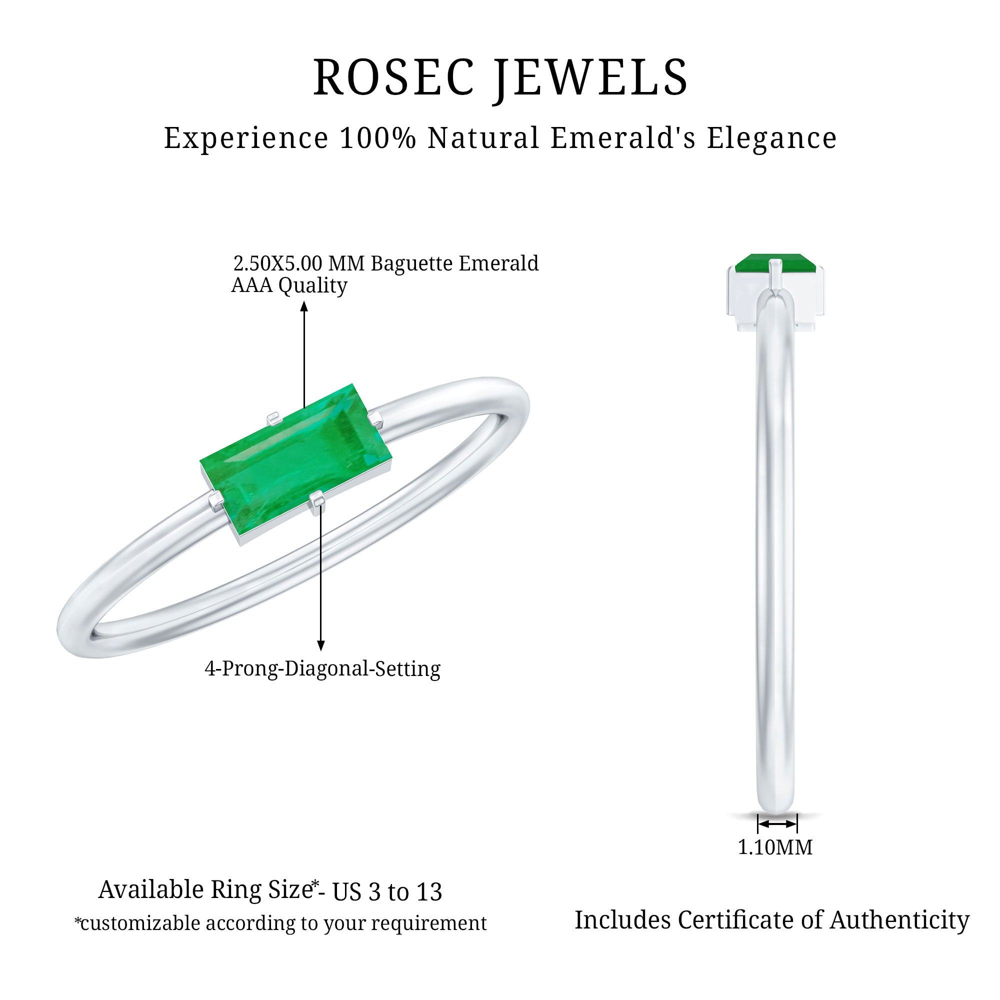 Rosec Jewels-East West Set Baguette Cut Emerald May Birthstone Ring