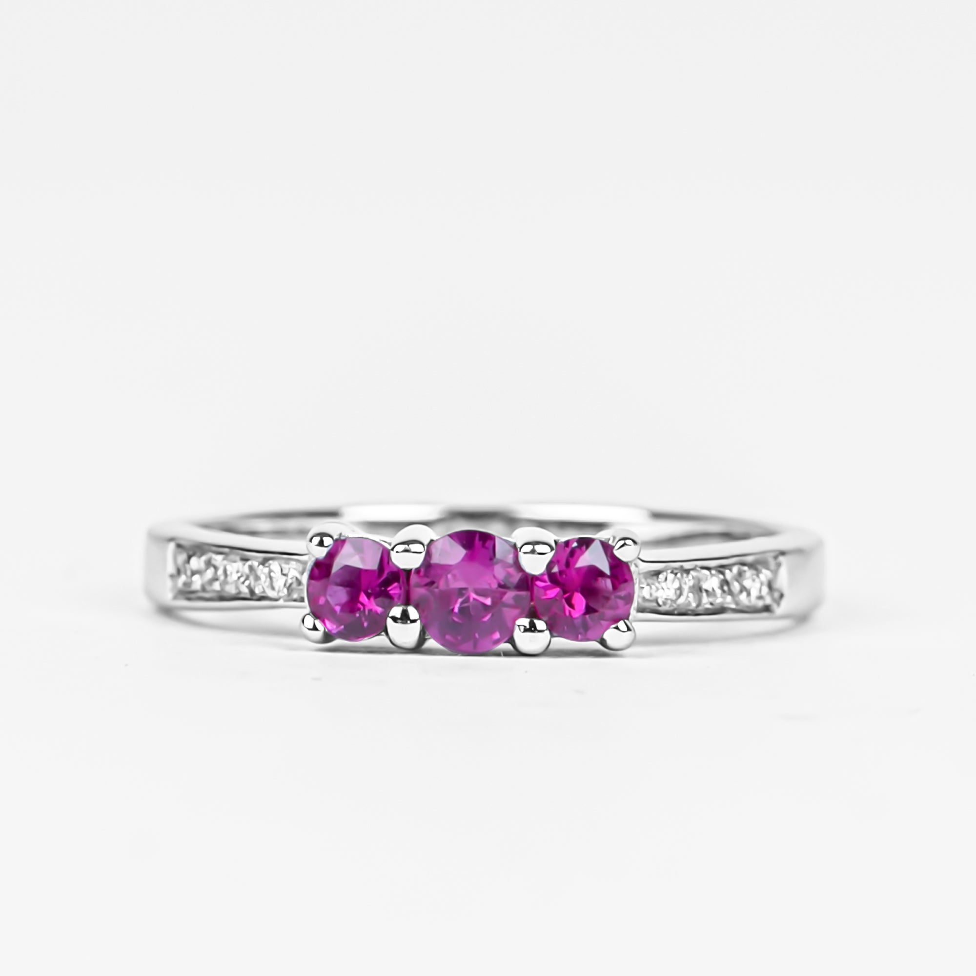 Natural Ruby Three Stone Ring with Diamond Side Stones Ruby - ( AAA ) - Quality - Rosec Jewels