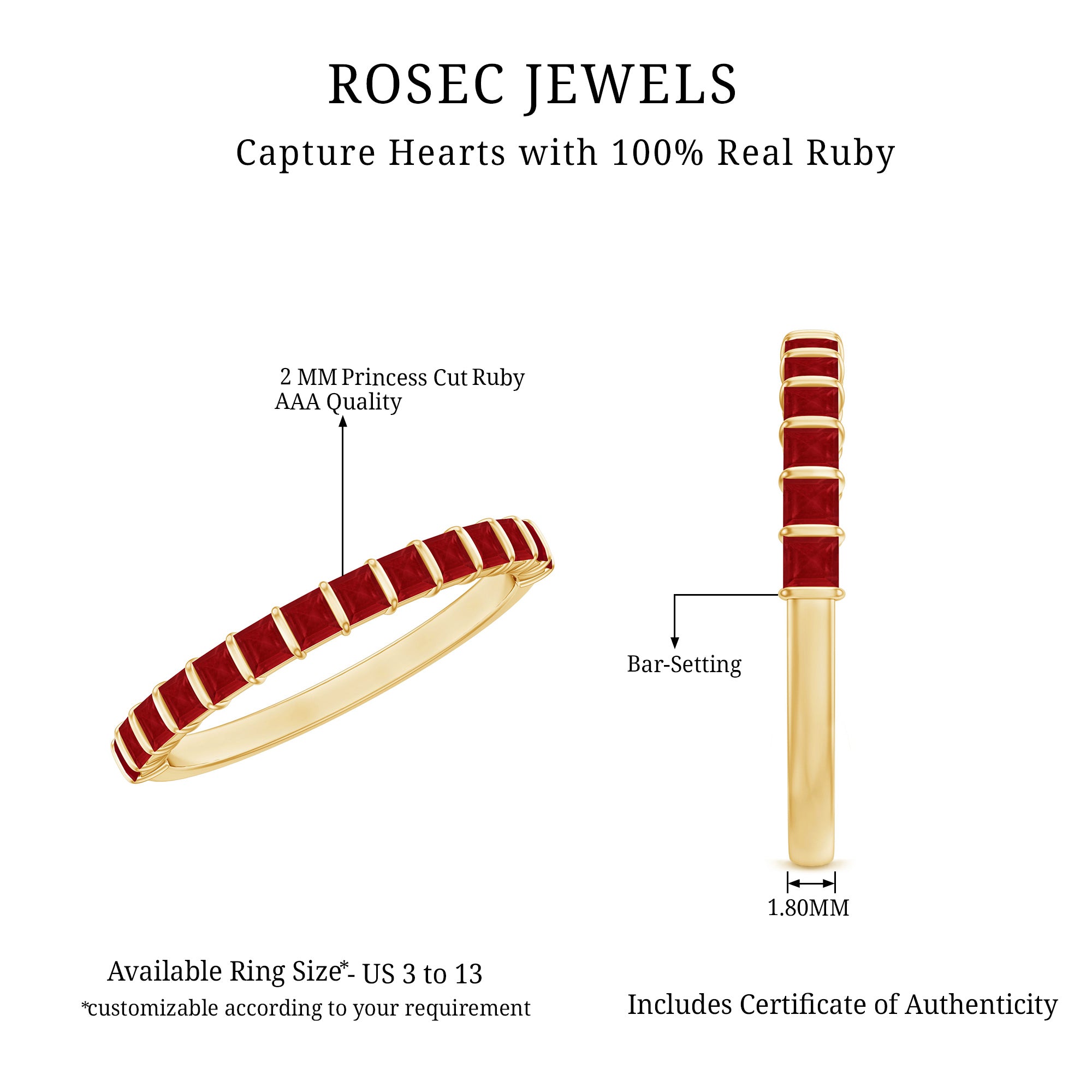 Natural Princess Cut Ruby Half Eternity Ring for Women AAA - Rosec Jewels