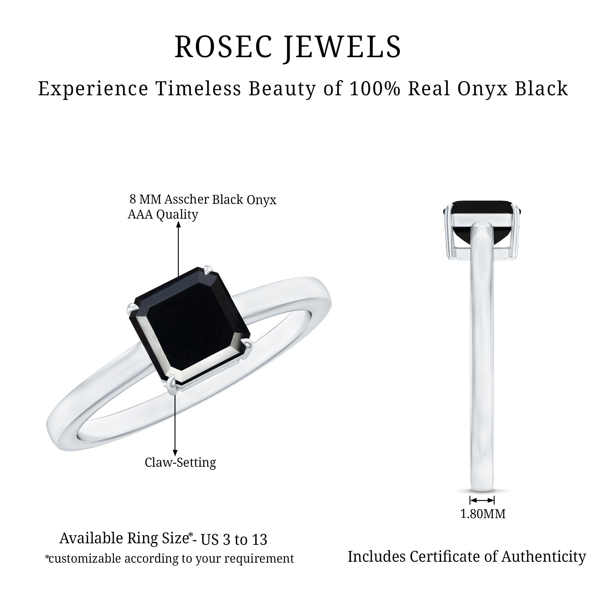 Princess Cut Black Onyx Solitaire Engagement Ring for Her AAA - Rosec Jewels