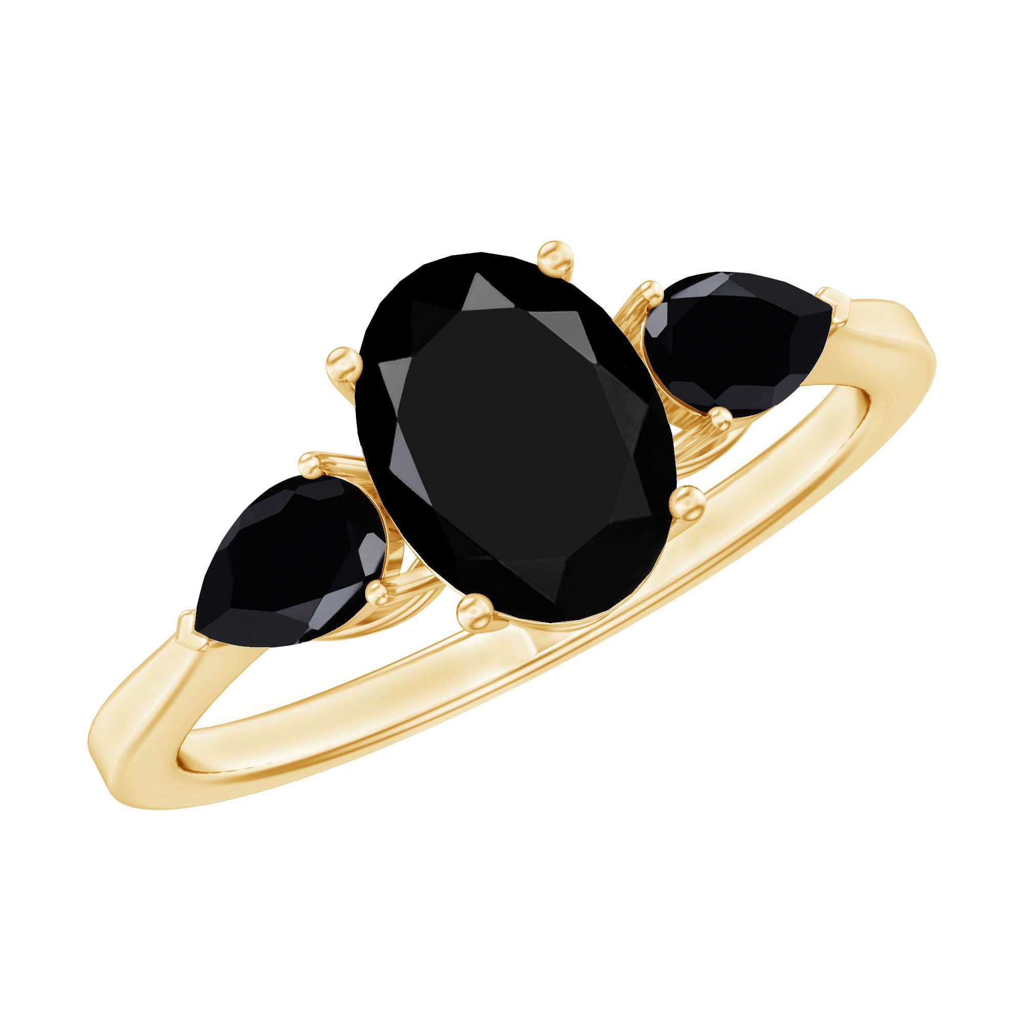 Natural Black Onyx Three Stone Engagement Ring AAA - Rosec Jewels