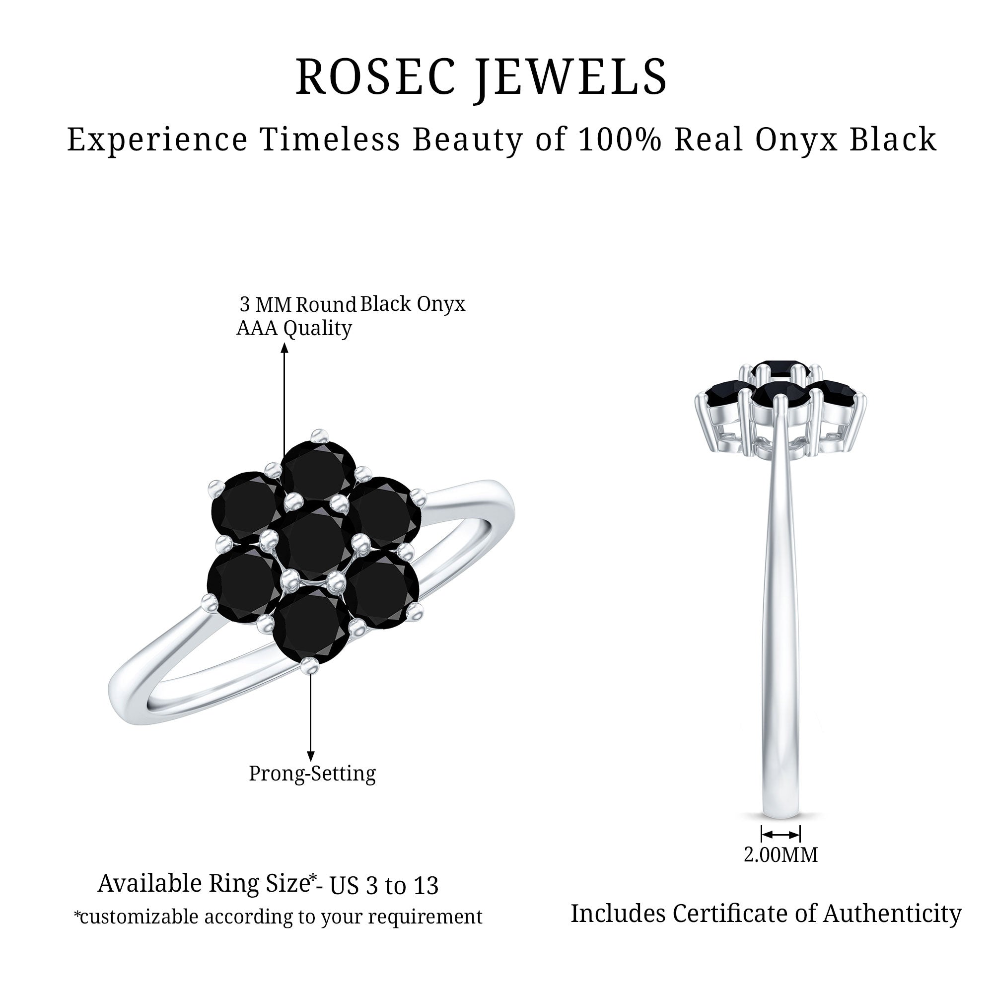 Rosec Jewels-Genuine Black Onyx Flower Engagement Ring With Certificate