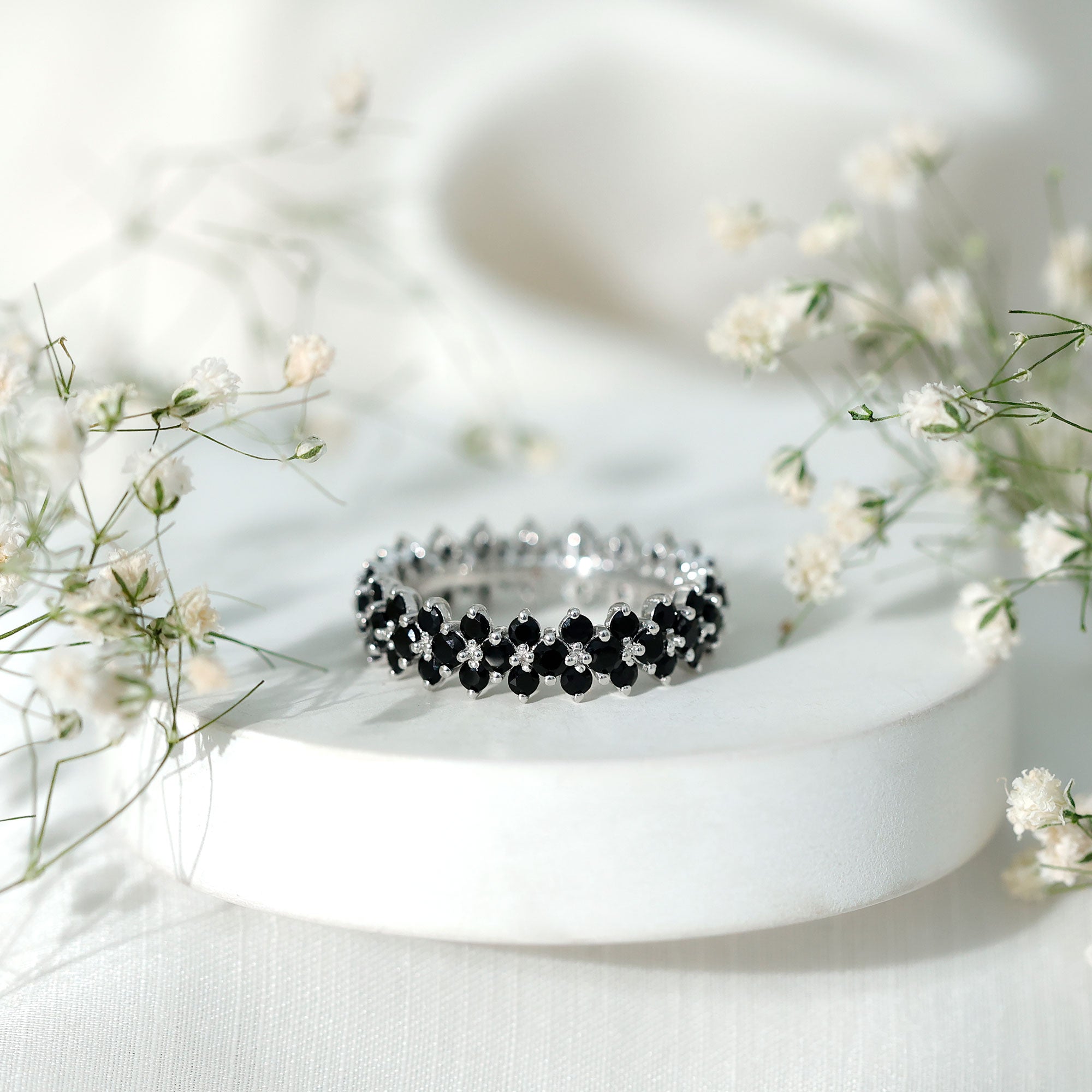 Round Cut Black Onyx Cluster Wedding Band for Women AAA - Rosec Jewels