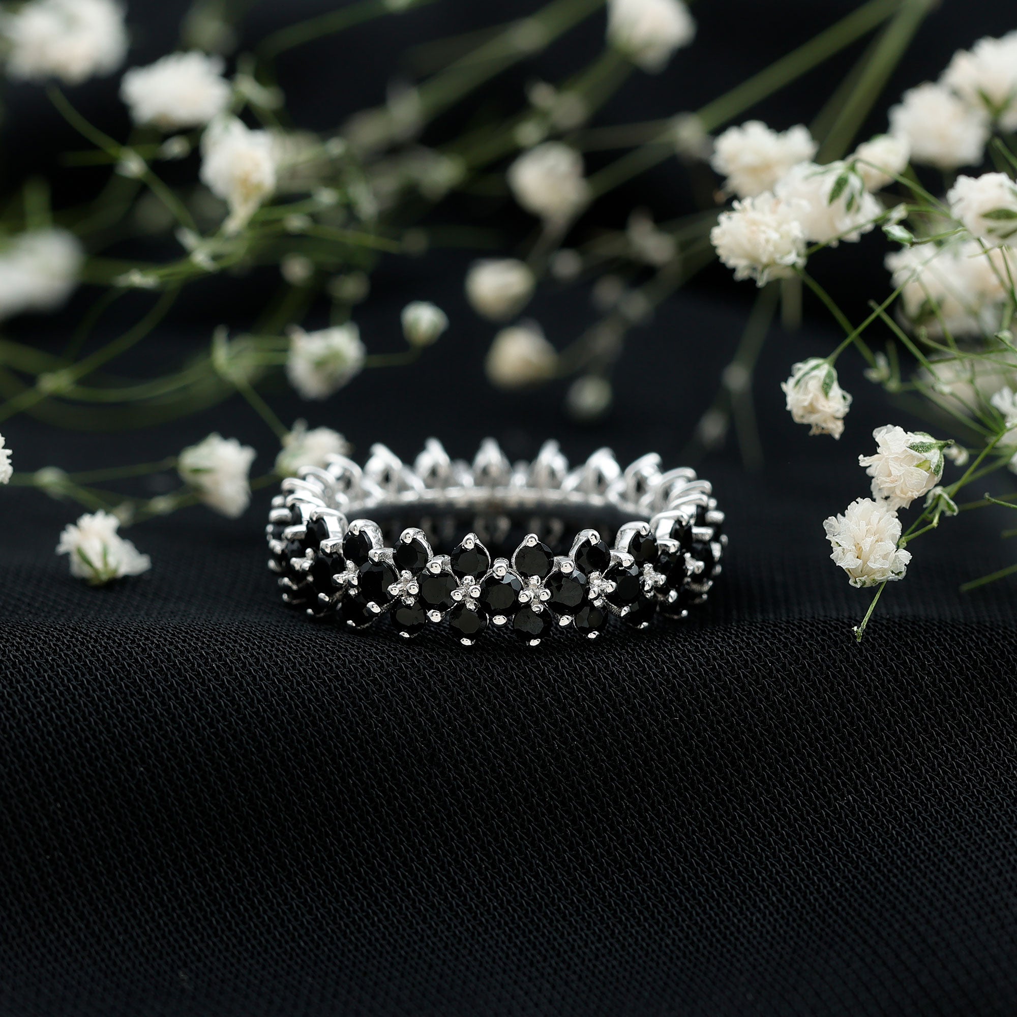 Round Cut Black Onyx Cluster Wedding Band for Women AAA - Rosec Jewels