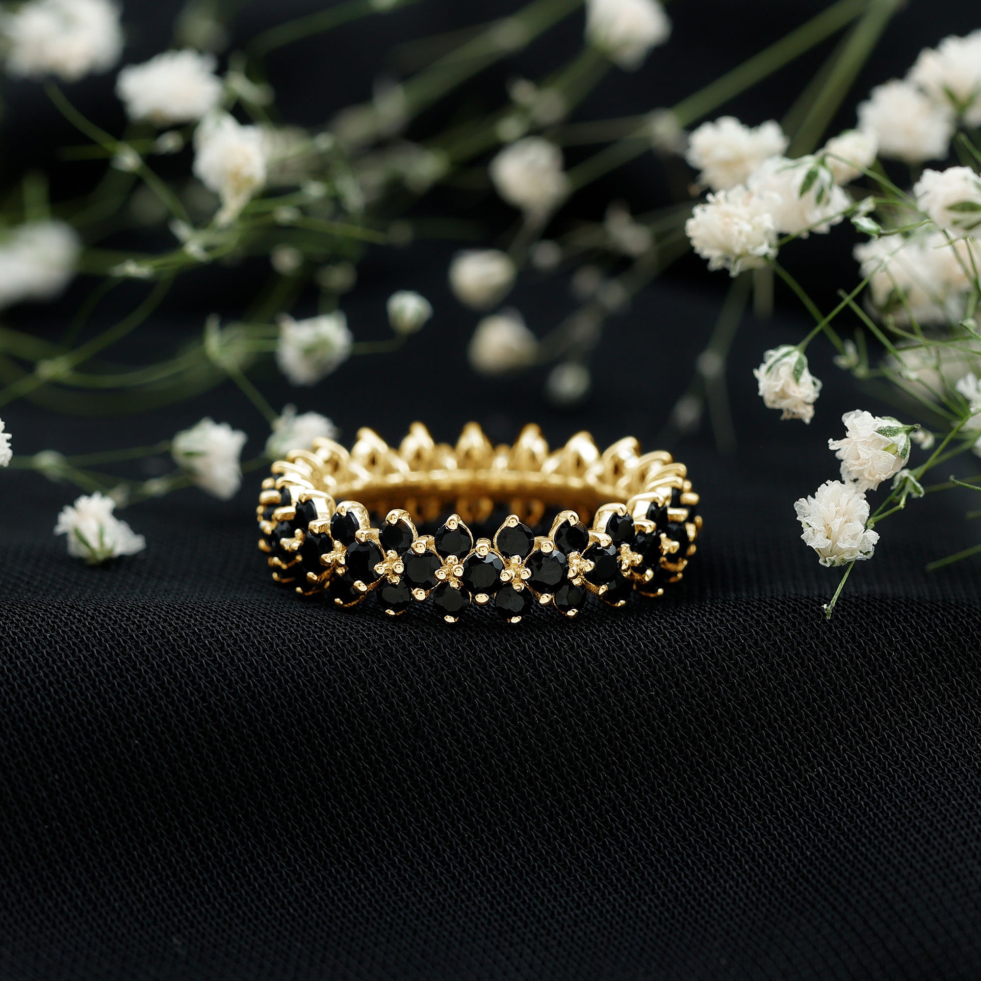 Round Cut Black Onyx Cluster Wedding Band for Women AAA - Rosec Jewels