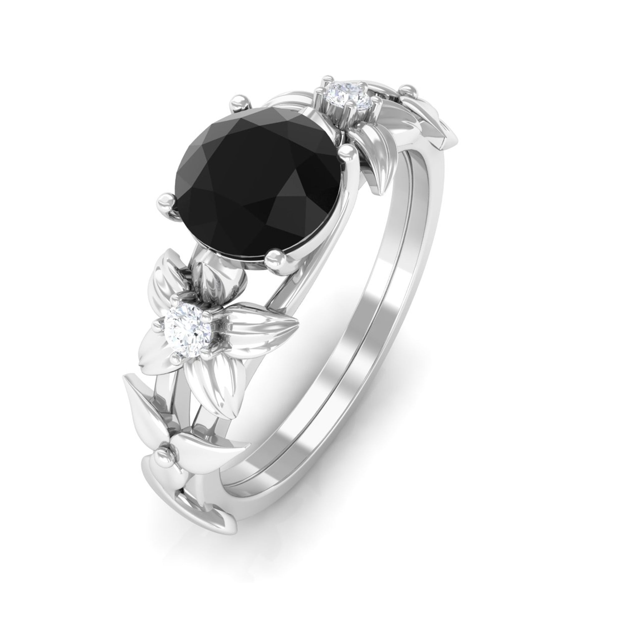 0.75 CT Black Onyx Solitaire Floral Ring with Diamond Black Onyx - ( AAA ) - Quality - Rosec Jewels