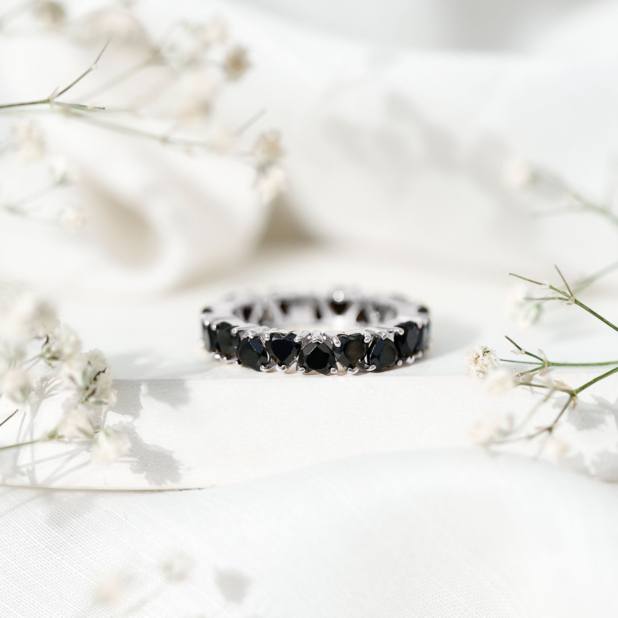 Claw Set Heart Shape Black Spinel Eternity Band Ring AAA - Rosec Jewels