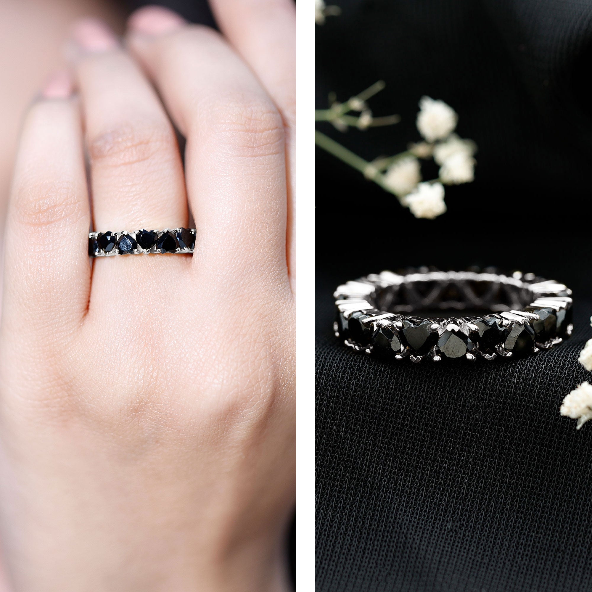 Claw Set Heart Shape Black Spinel Eternity Band Ring AAA - Rosec Jewels