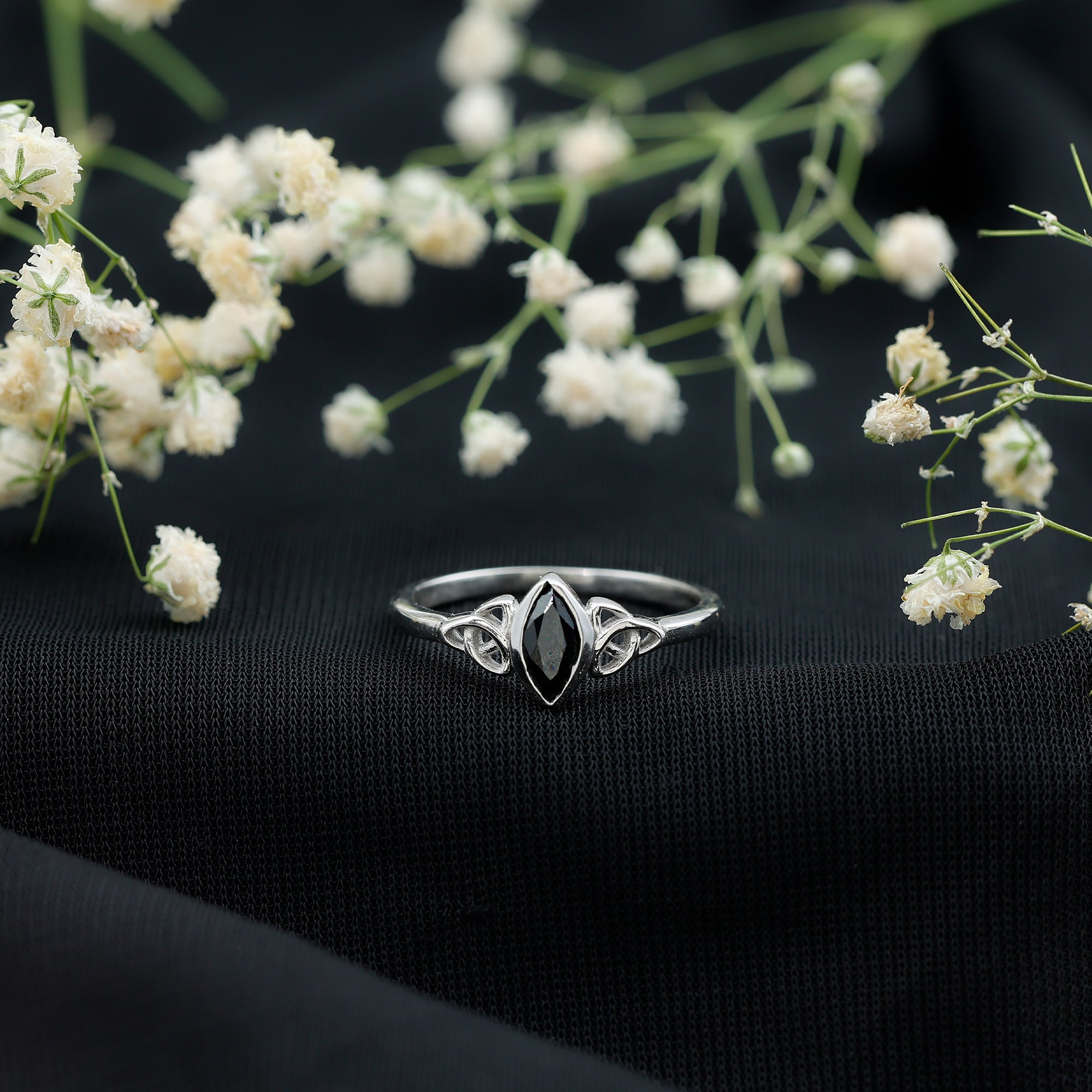 Certified 0.8 Carat Lab Grown Black Diamond Marquise Promise Ring with Celtic Knot AAAA ( Synthetic ) - Rosec Jewels