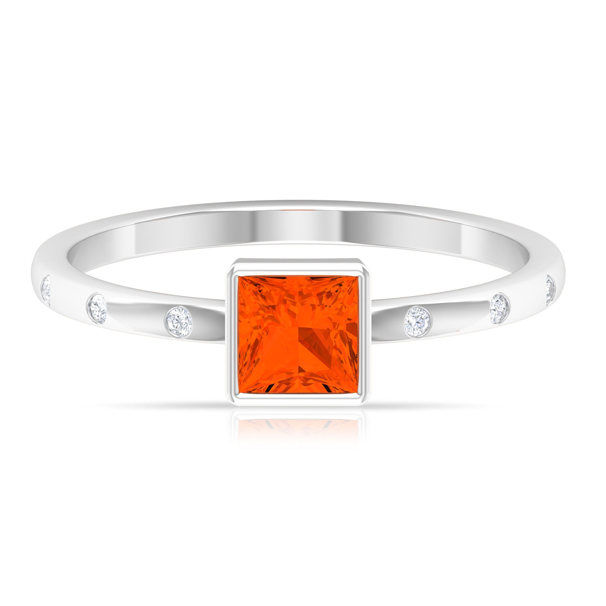 Rosec Jewels-Princess Cut Fire Opal Solitaire Promise Ring with Diamonds