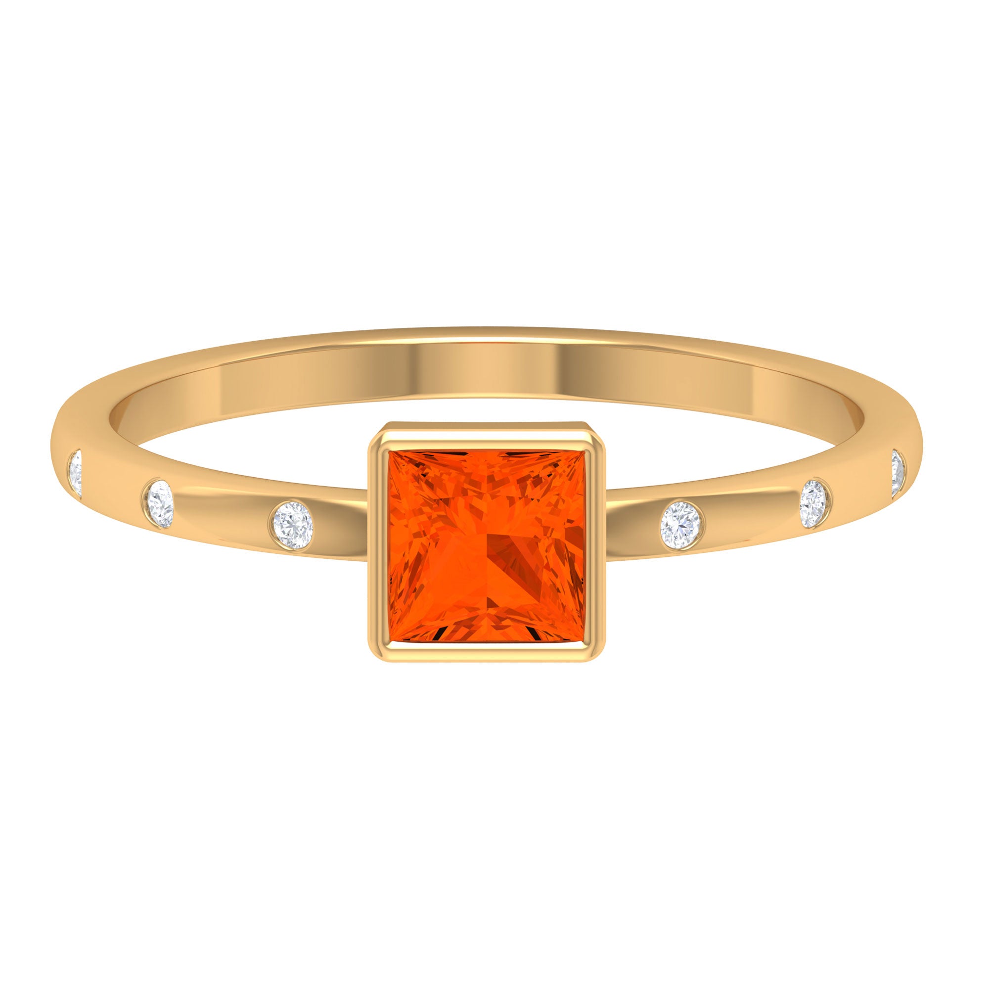 Rosec Jewels-Princess Cut Fire Opal Solitaire Promise Ring with Diamonds