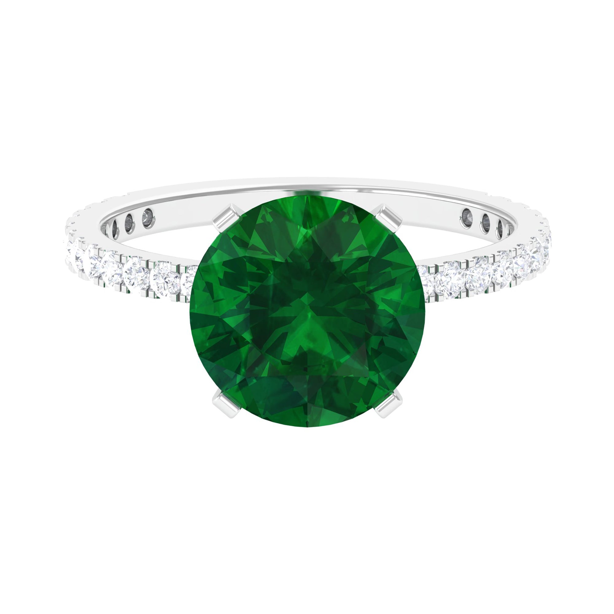 10 MM Round Created Emerald Solitaire Engagement Ring with Diamond Lab Created Emerald - ( AAAA ) - Quality - Rosec Jewels