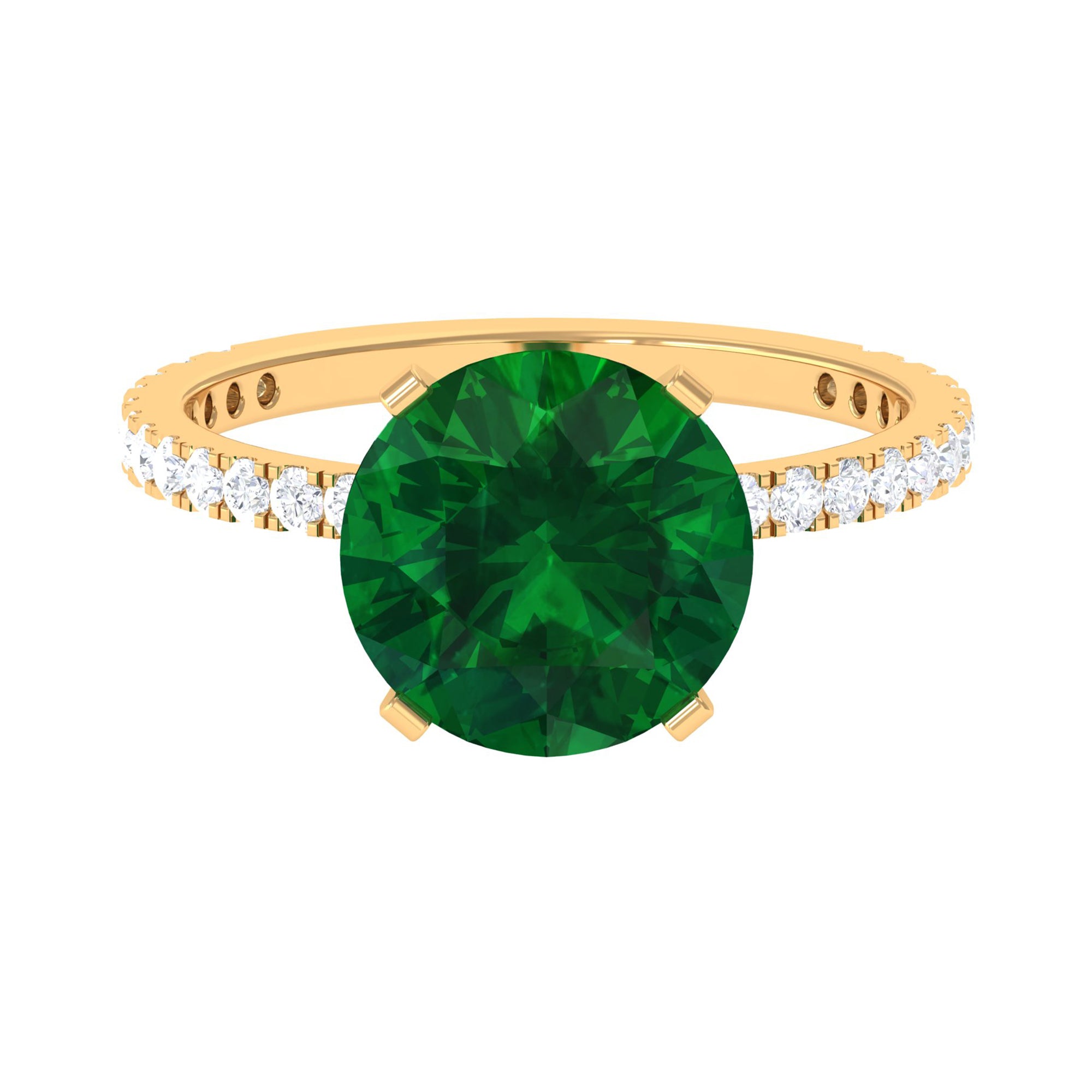 10 MM Round Created Emerald Solitaire Engagement Ring with Diamond Lab Created Emerald - ( AAAA ) - Quality - Rosec Jewels