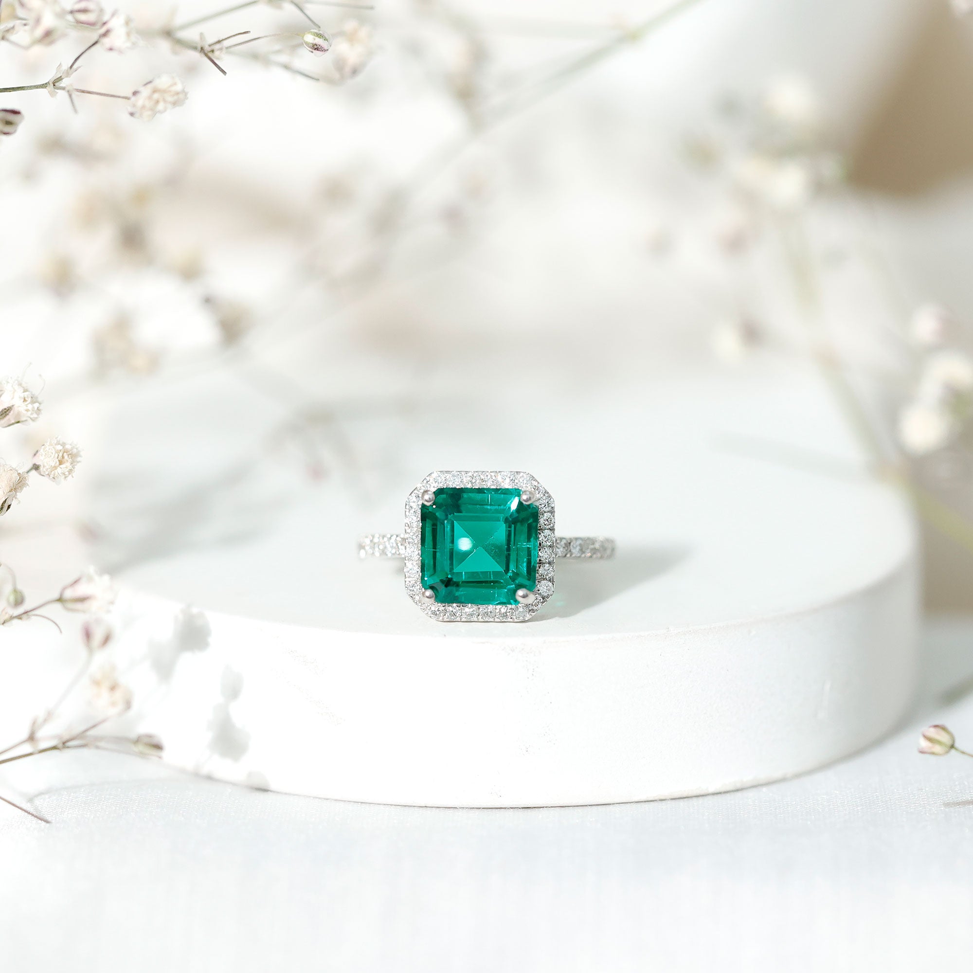 AAAA Quality Lab Created Emerald Asscher Cut Engagement Ring with Diamond AAAA - Rosec Jewels