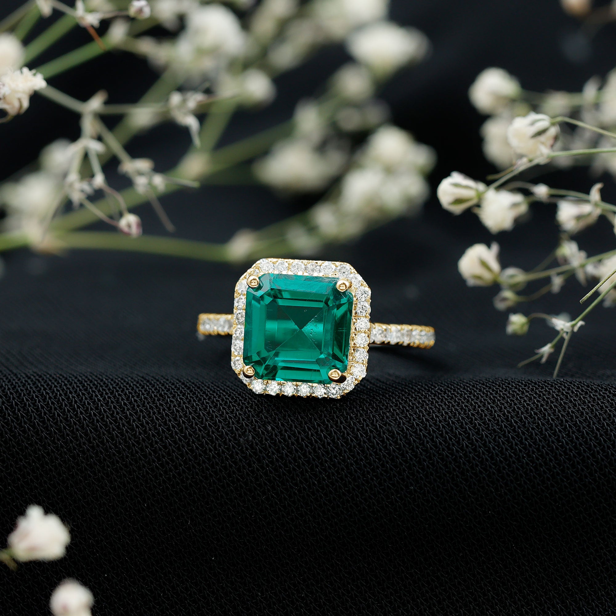 AAAA Quality Lab Created Emerald Asscher Cut Engagement Ring with Diamond AAAA - Rosec Jewels