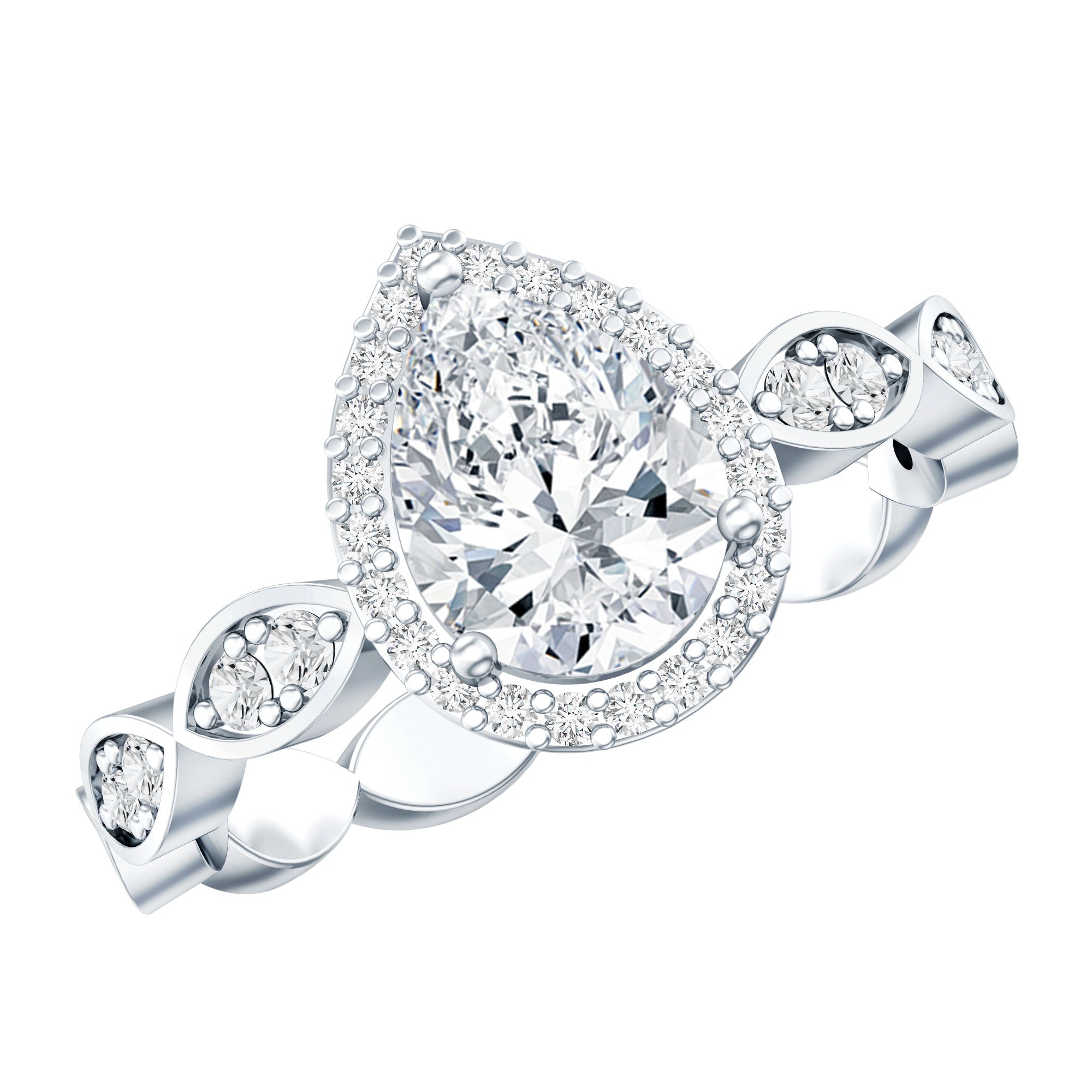 Cubic Zirconia Pear Halo Engagement Ring with Side Stones AAAA - Rosec Jewels