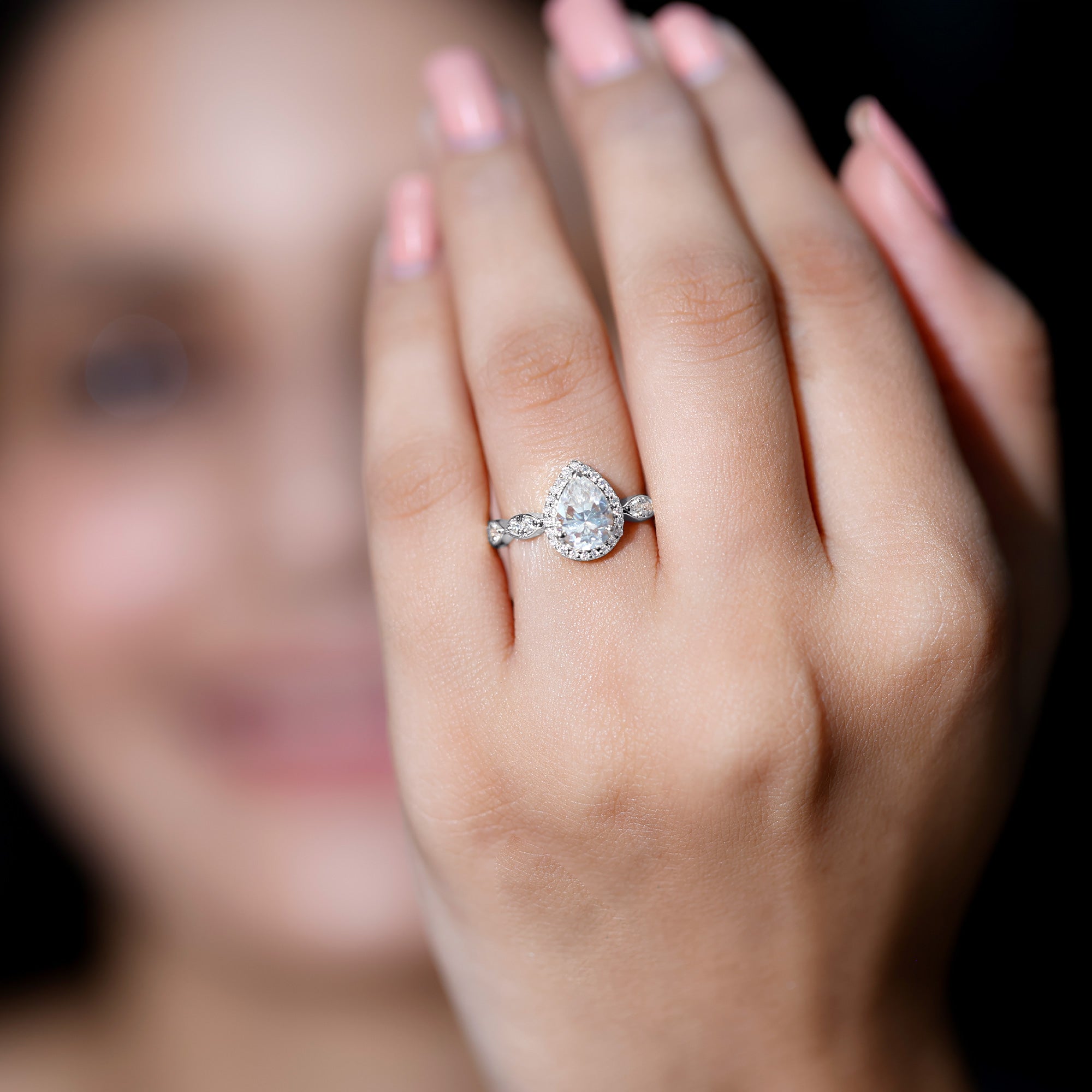 Cubic Zirconia Pear Halo Engagement Ring with Side Stones AAAA - Rosec Jewels