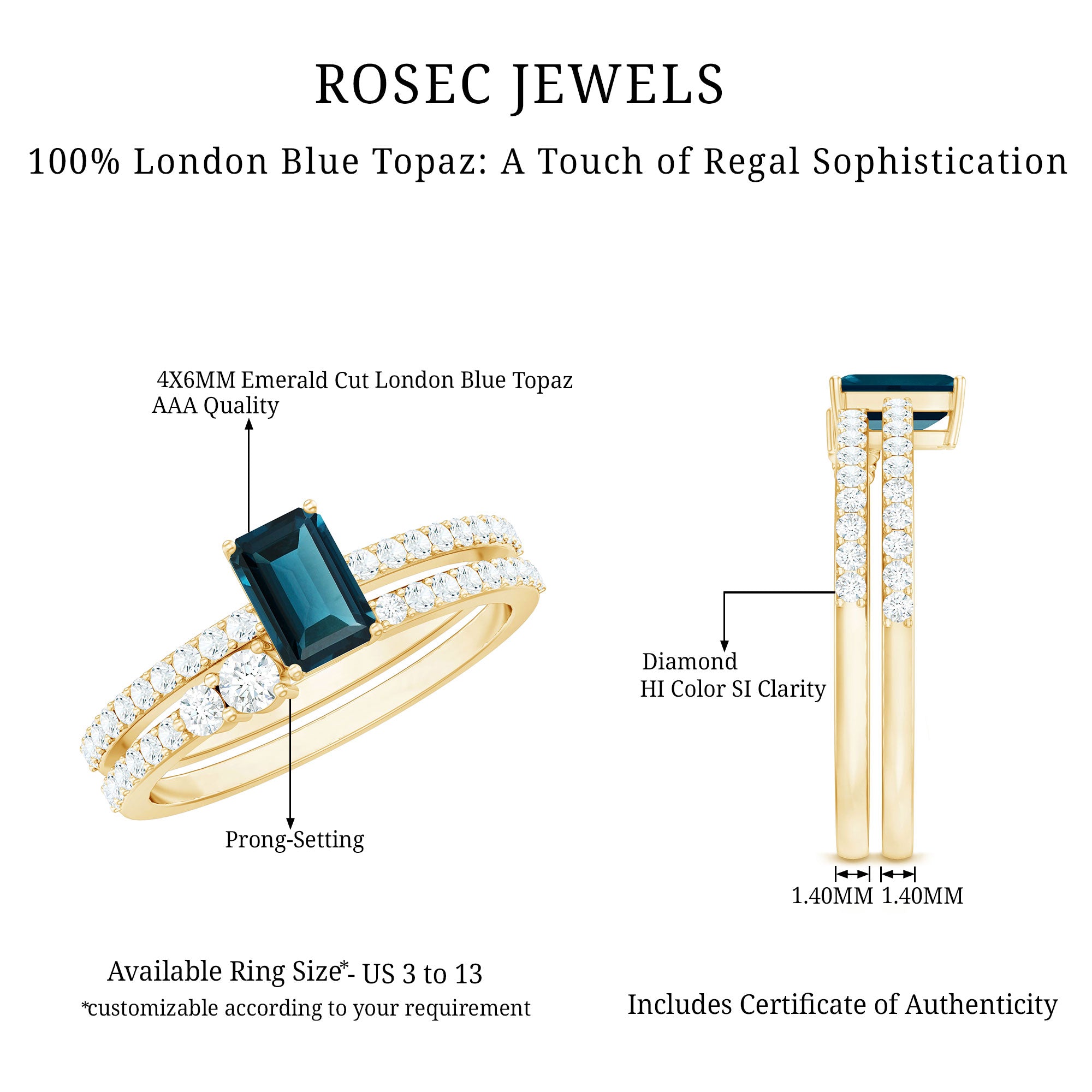 4X6mm Emerald Cut London Blue Topaz Wedding Ring Set with Diamond AAA - Rosec Jewels