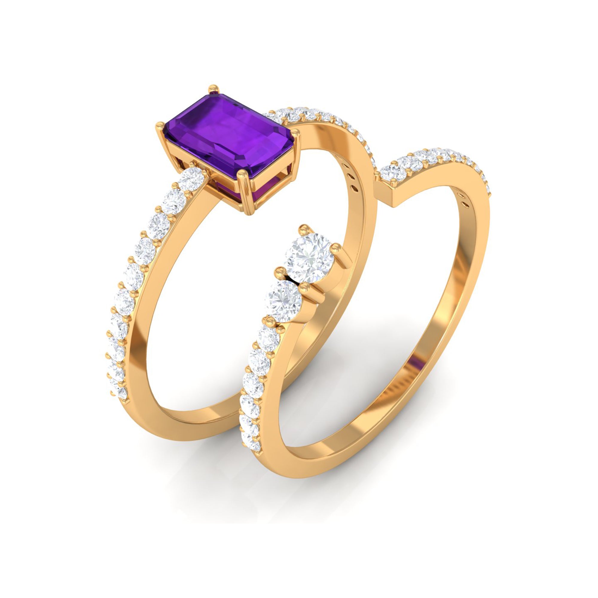 Natural 1.4 Carat Emerald Cut Amethyst Diamond Wedding Bridal Ring Set AAA - Rosec Jewels