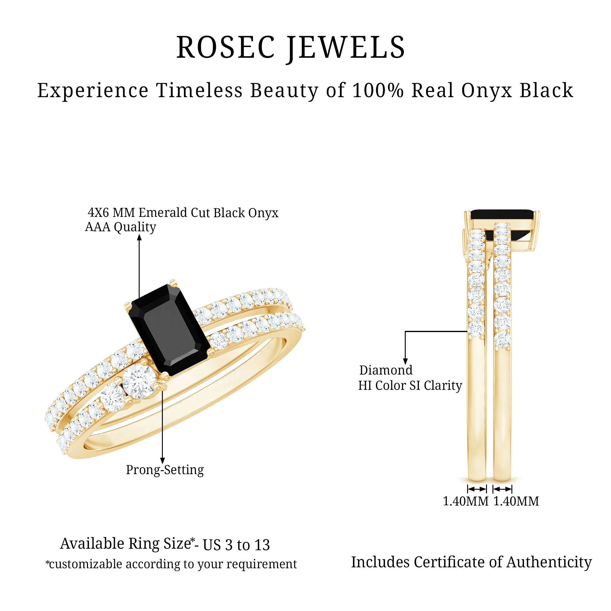 Emerald Cut Black Onyx and Diamond Bridal Ring Set AAA - Rosec Jewels
