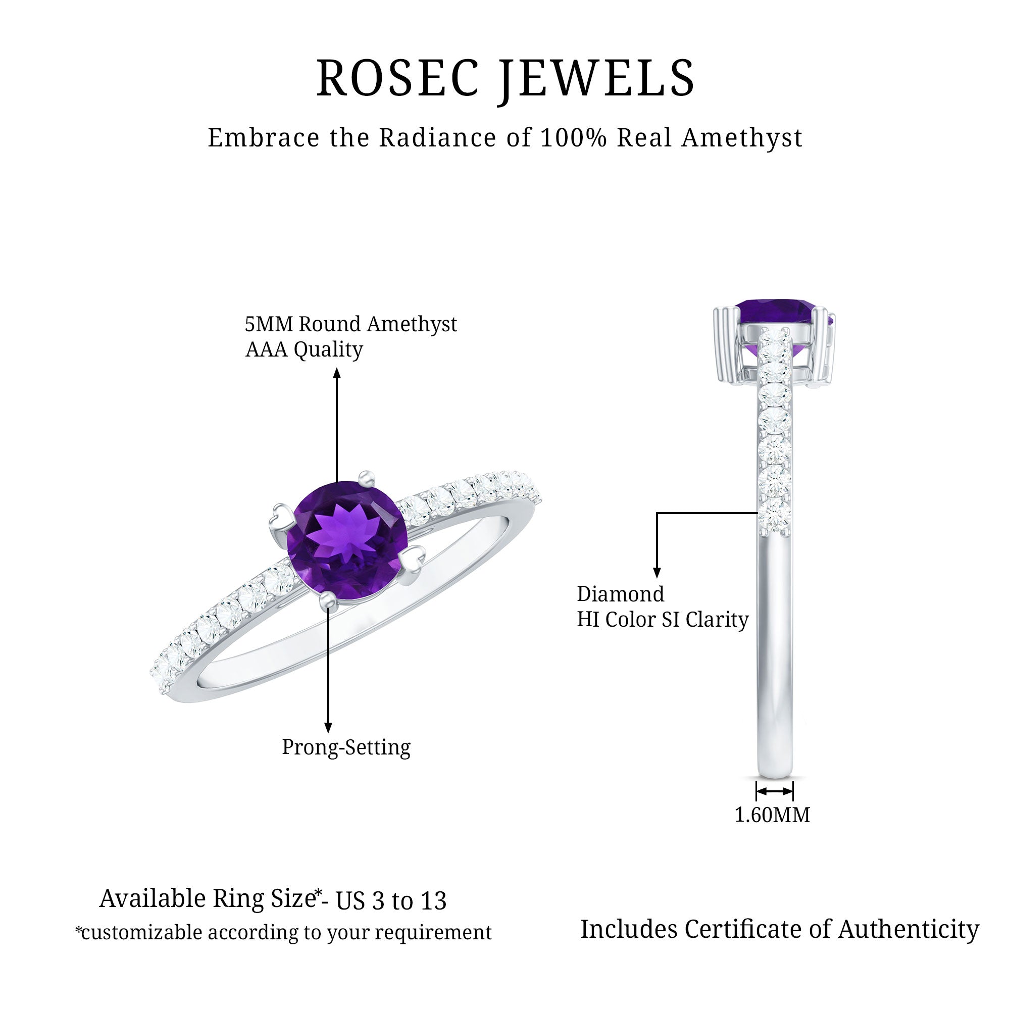 Rosec Jewels-Genuine Amethyst Promise Ring with Diamond for Women