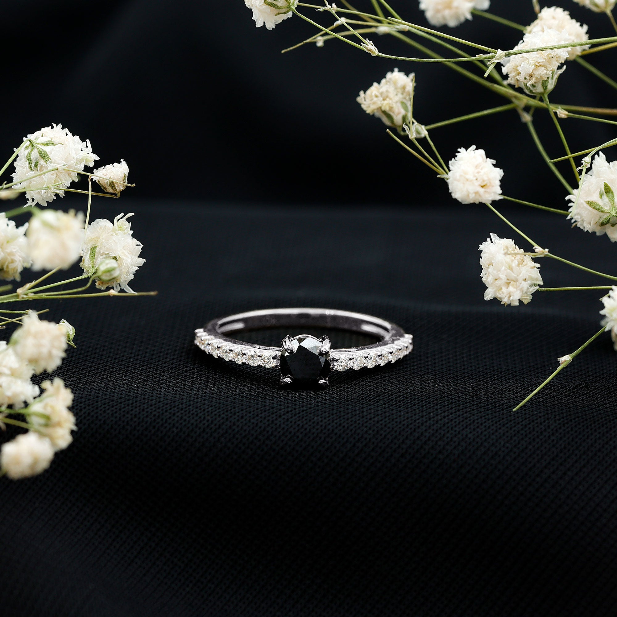 Rosec Jewels-Round Black Onyx Promise Ring with Diamond Side Stones