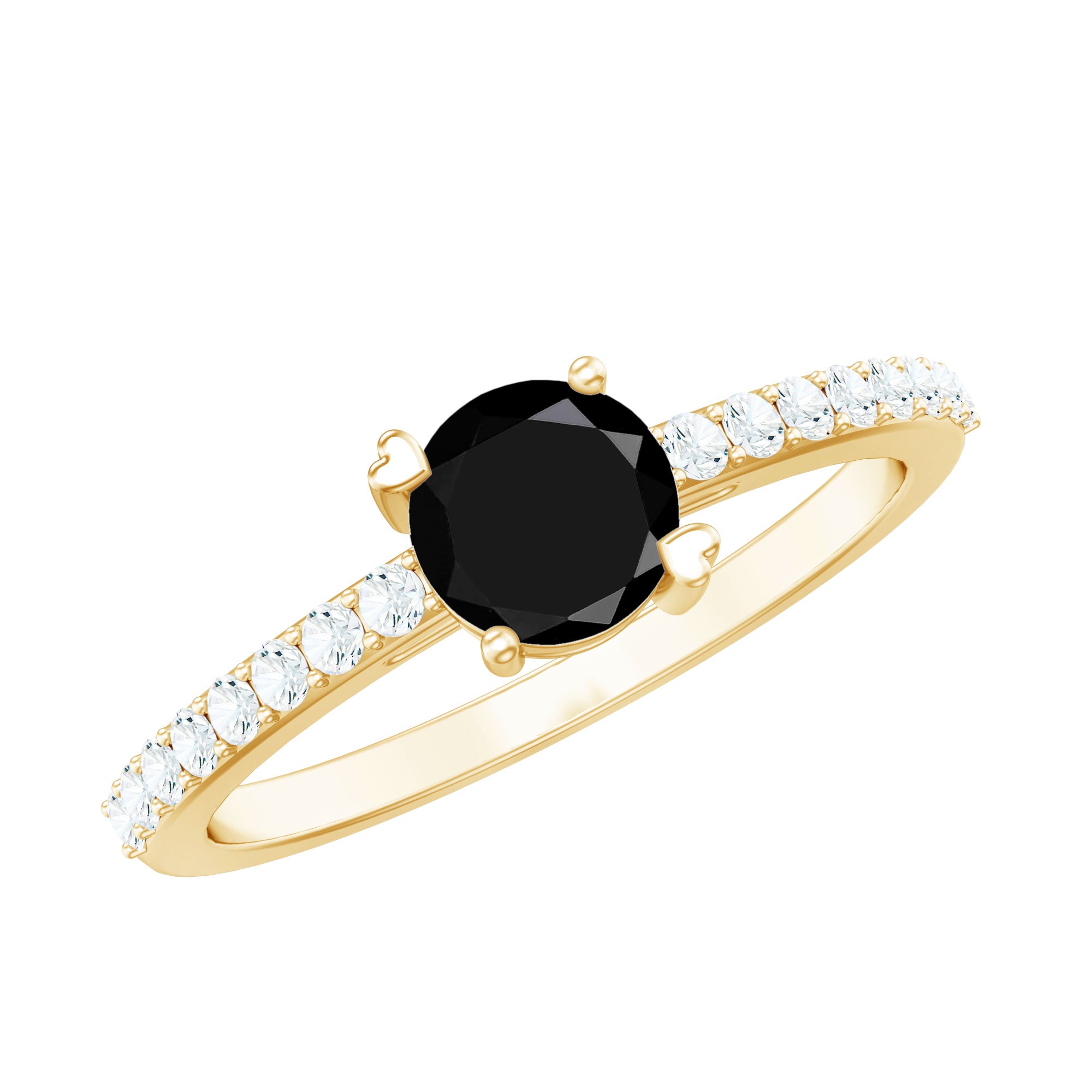 Round Black Onyx Promise Ring with Diamond Side Stones AAA - Rosec Jewels