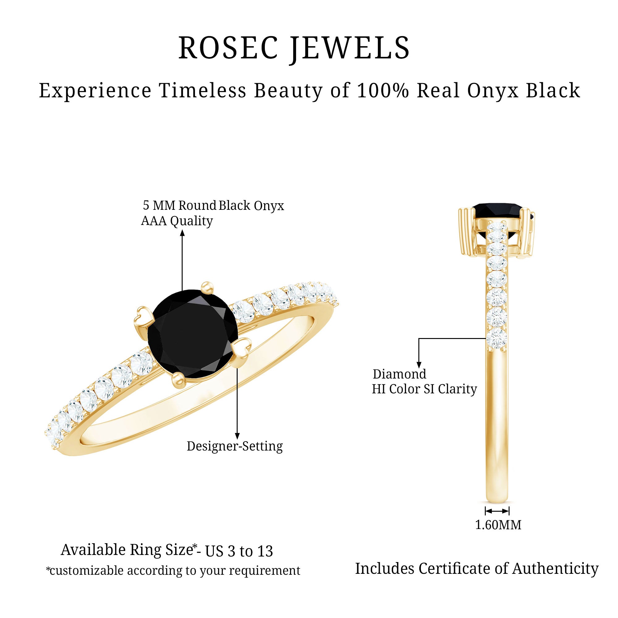 Rosec Jewels-Round Black Onyx Promise Ring with Diamond Side Stones
