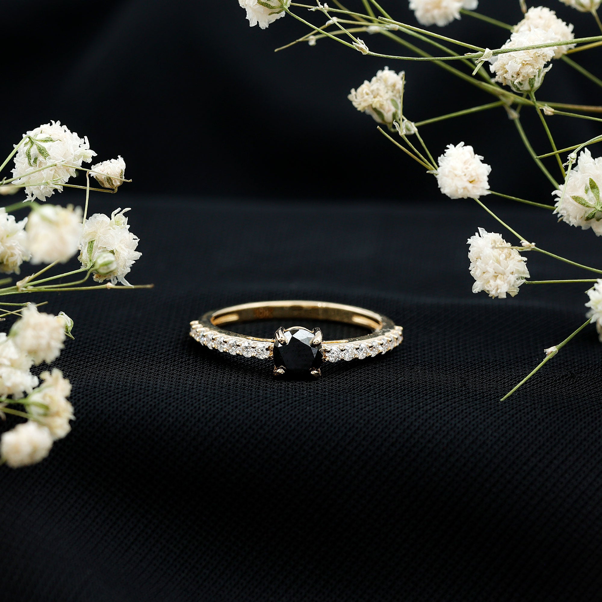 Rosec Jewels-Round Black Onyx Promise Ring with Diamond Side Stones