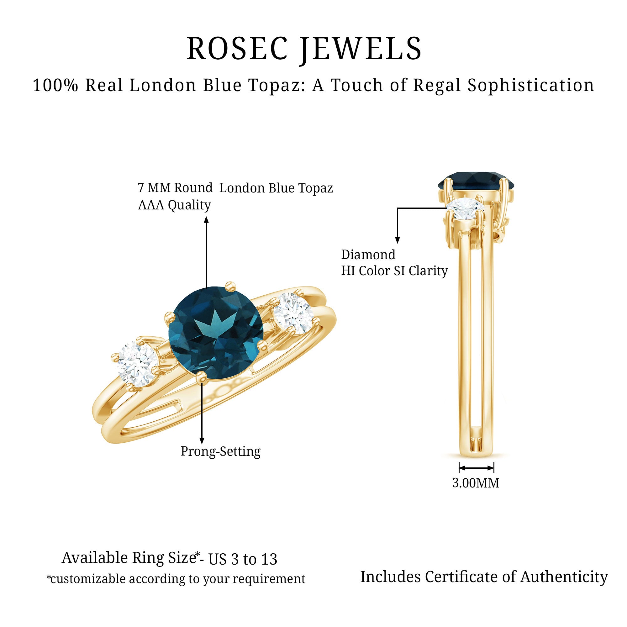 7mm Round London Blue Topaz Double Band Engagement Ring with Diamond AAA - Rosec Jewels