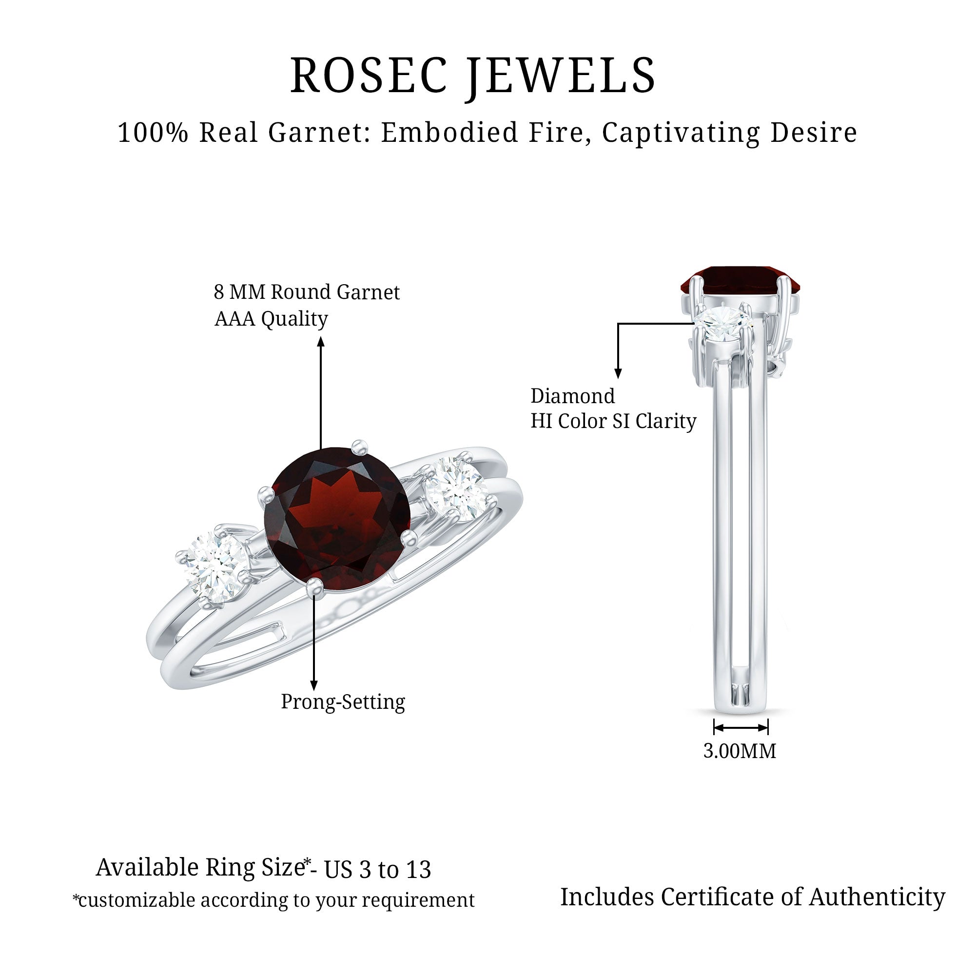Genuine 8mm Garnet Diamond Double Band Engagement Ring AAA - Rosec Jewels