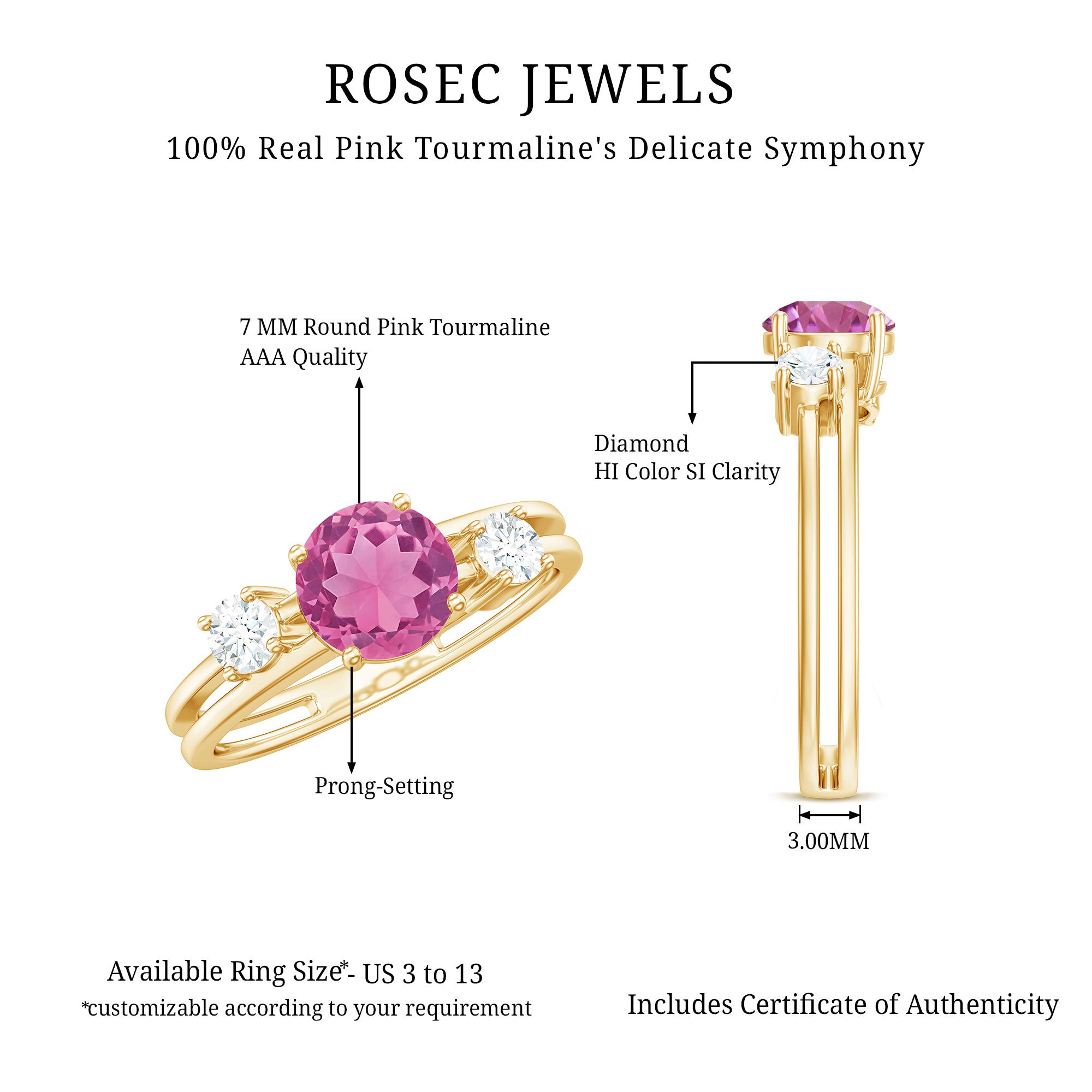 1 CT Genuine Pink Tourmaline Solitaire Double Band Ring with Diamond AAA - Rosec Jewels