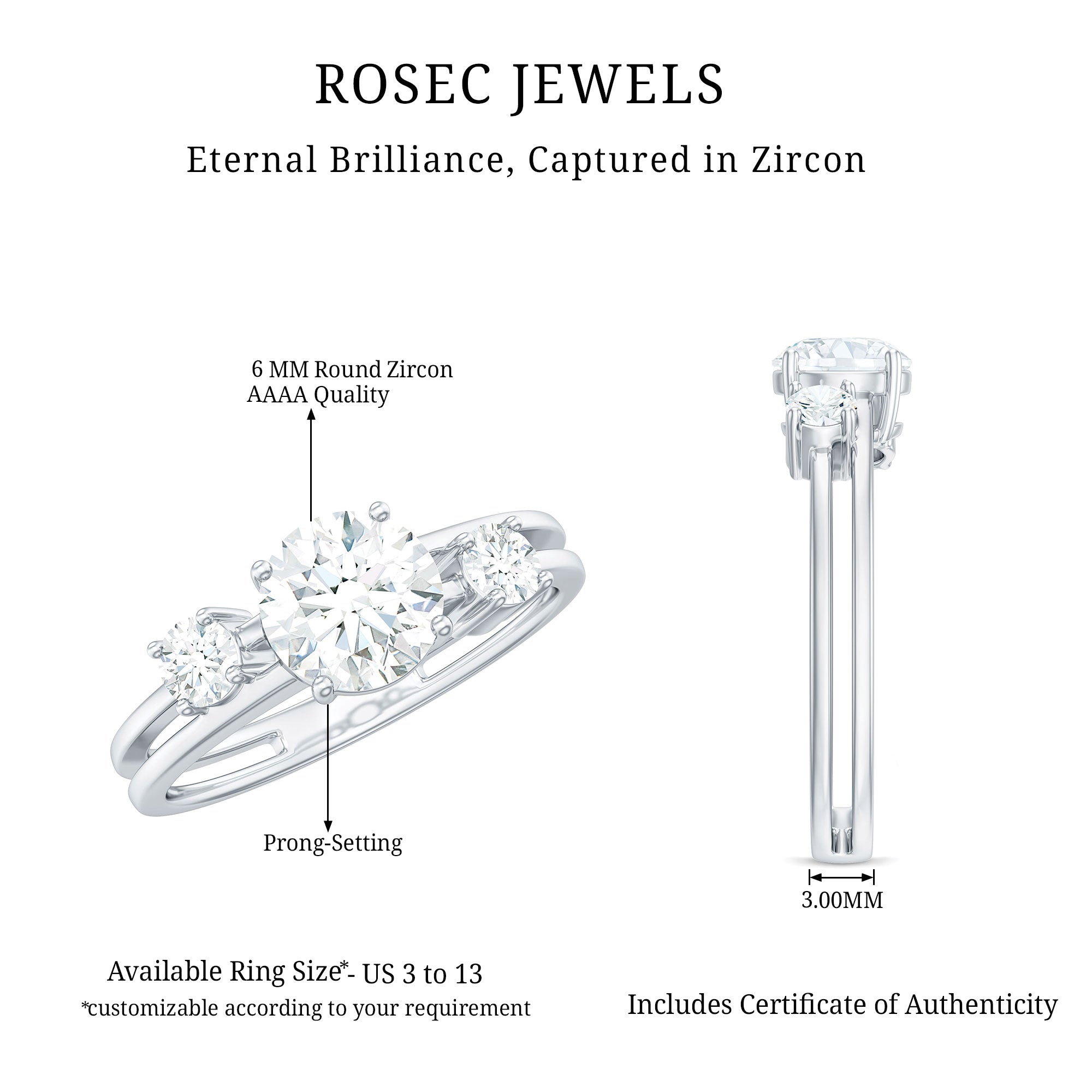Certified Cubic Zirconia Three Stone Double Band Ring AAAA - Rosec Jewels