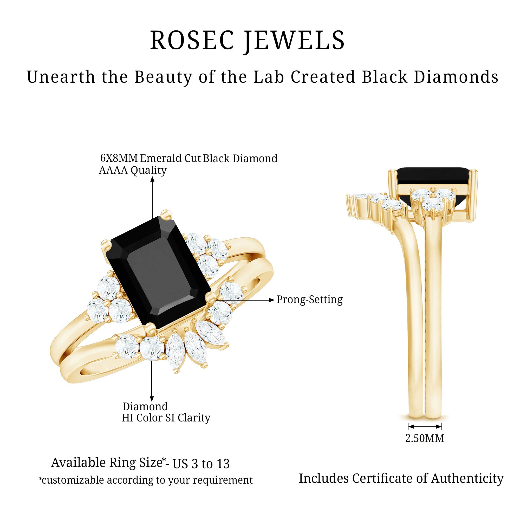 Created Black Diamond Engagement Ring Set with Diamond AAAA ( Synthetic ) - Rosec Jewels