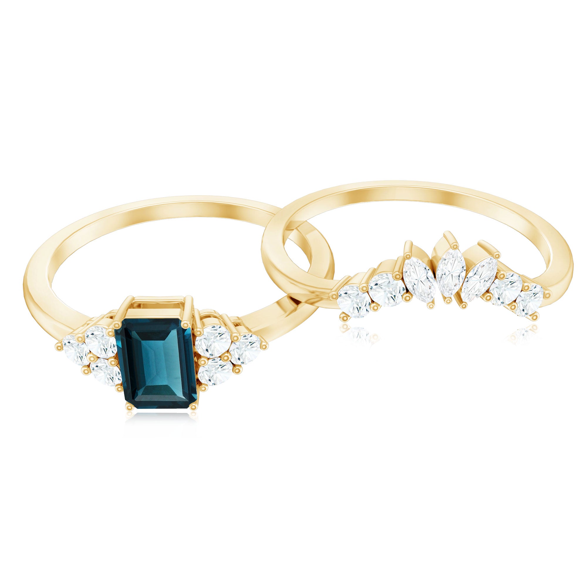 4X6mm Emerald Cut London Blue Topaz Designer Bridal Ring Set with Diamond AAA - Rosec Jewels