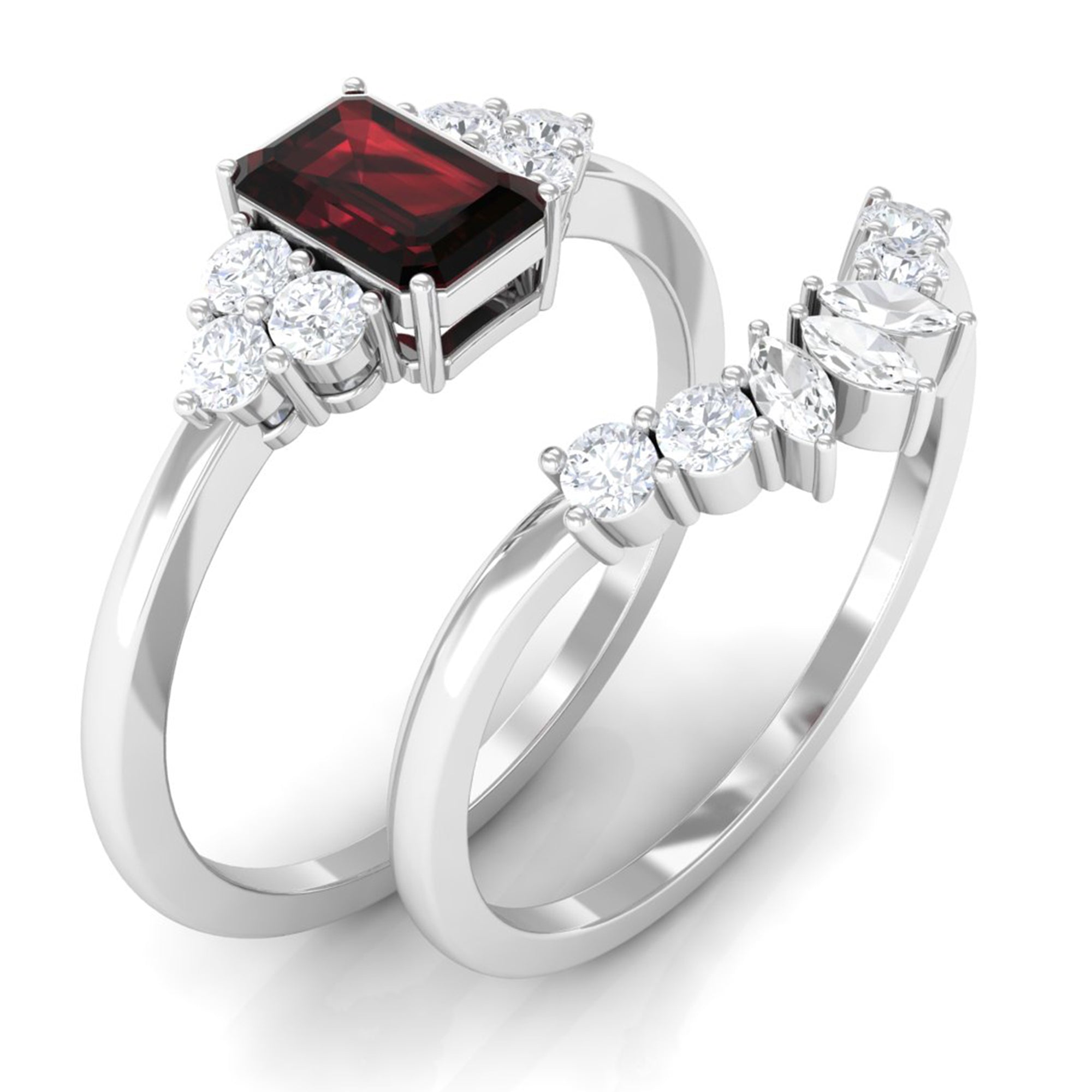 Genuine Garnet Diamond Emerald Cut Engagement Wedding Ring Set of 2 AAA - Rosec Jewels