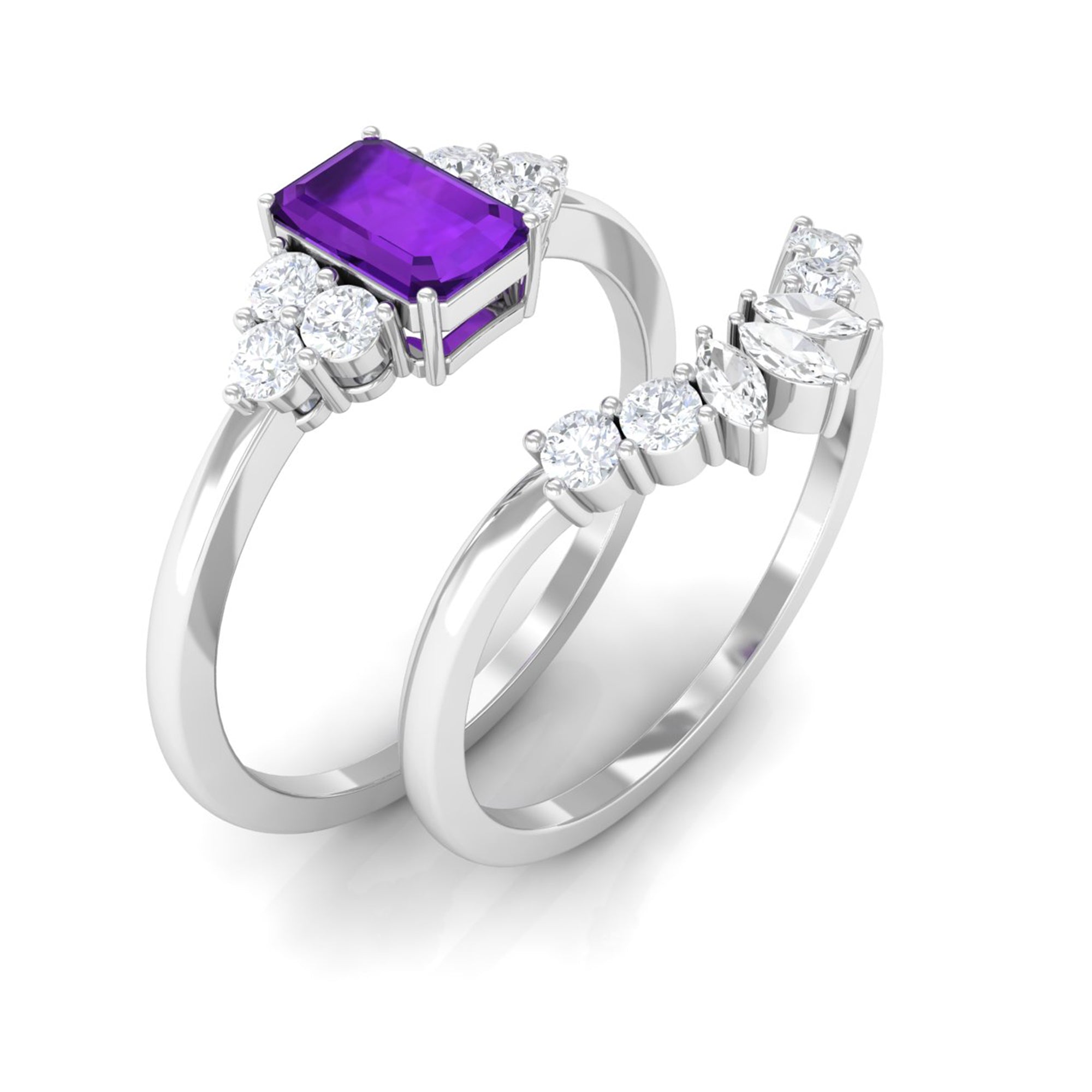 1.4 Carat Amethyst Emerald Cut Engagement Ring with Diamond Wedding Band AAA - Rosec Jewels