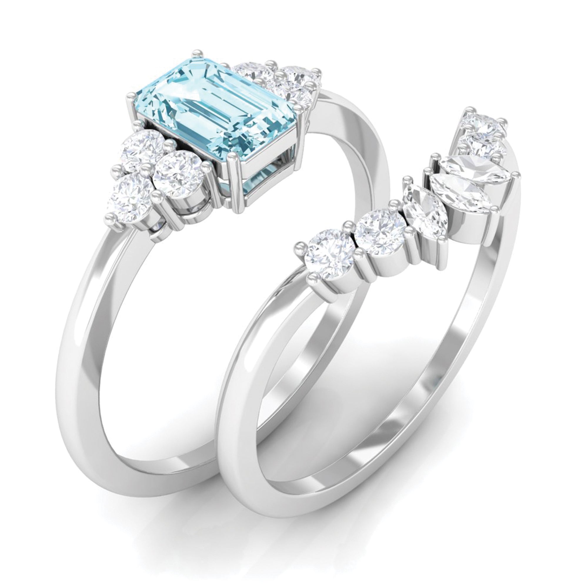 Natural Emerald Cut Aquamarine Marriage Ring Set with Diamond AAA - Rosec Jewels