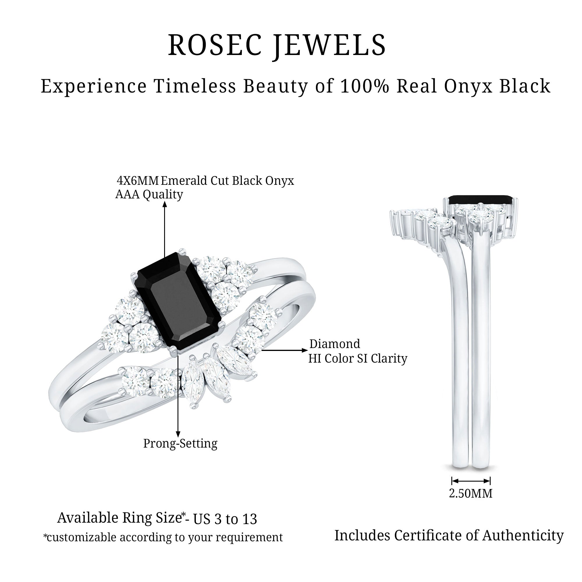 Emerald Cut Black Onyx Engagement Ring with Diamond Wedding Band AAA - Rosec Jewels