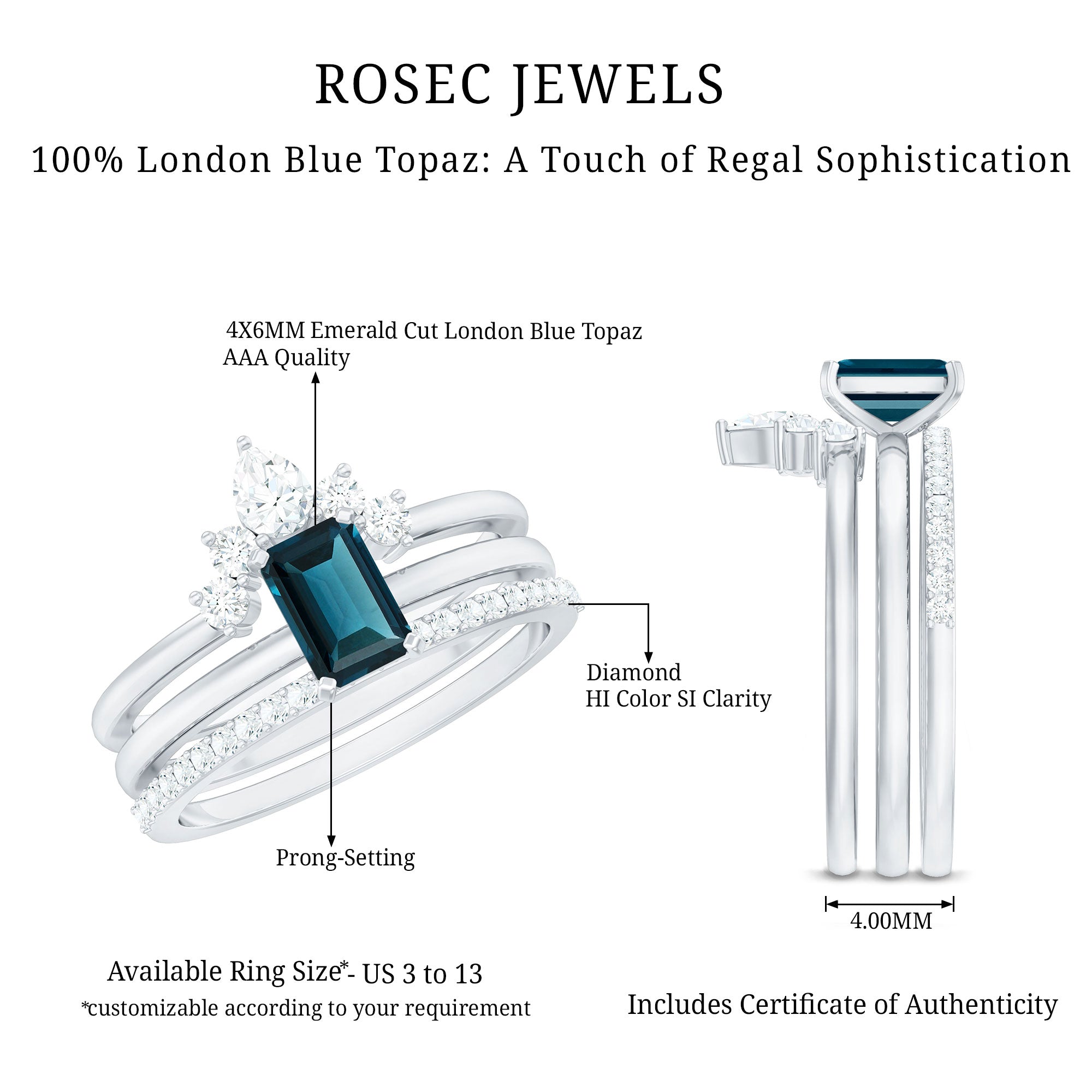 4X6mm Emerald Cut London Blue Topaz Solitaire Trio Ring Set with Diamond AAA - Rosec Jewels