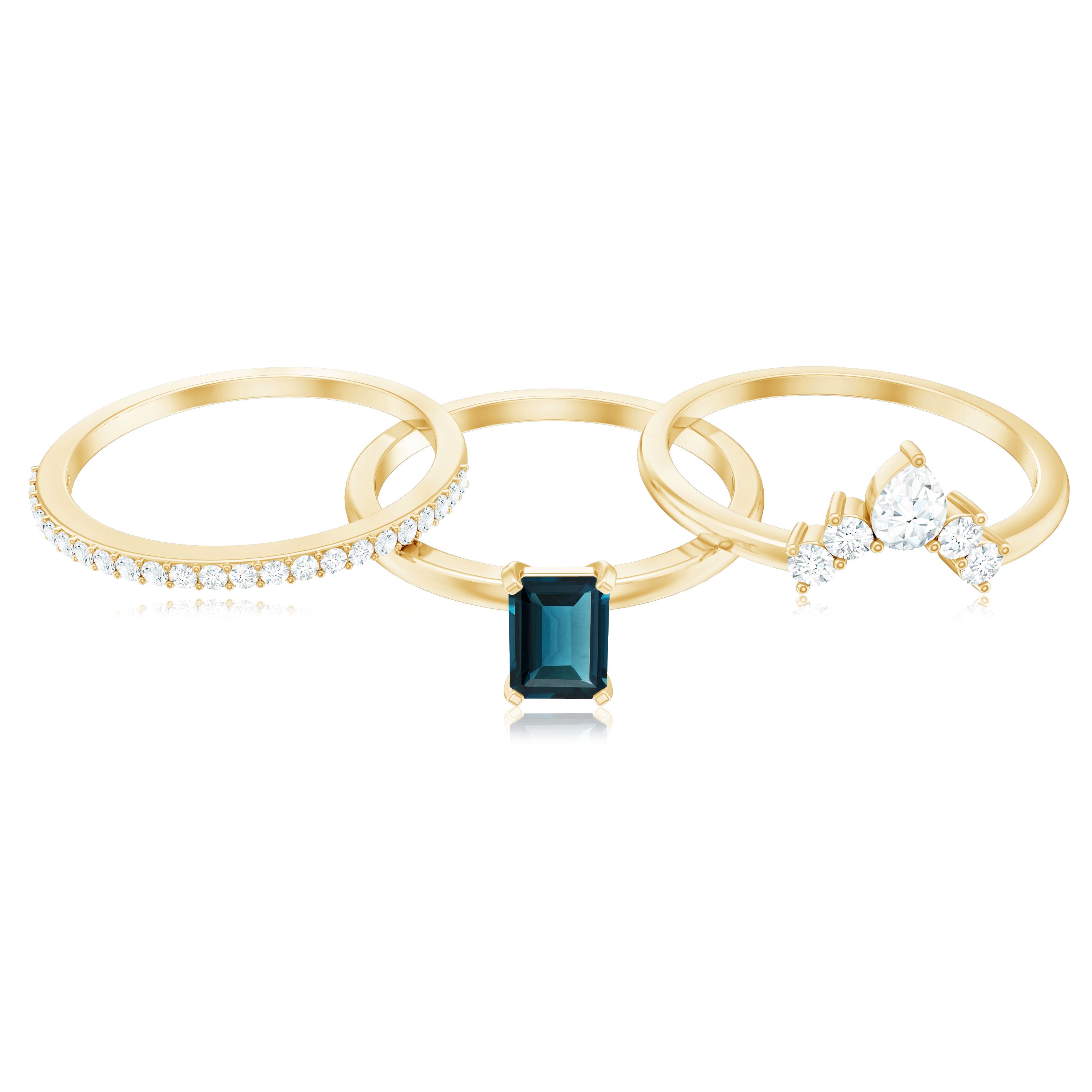4X6mm Emerald Cut London Blue Topaz Solitaire Trio Ring Set with Diamond AAA - Rosec Jewels