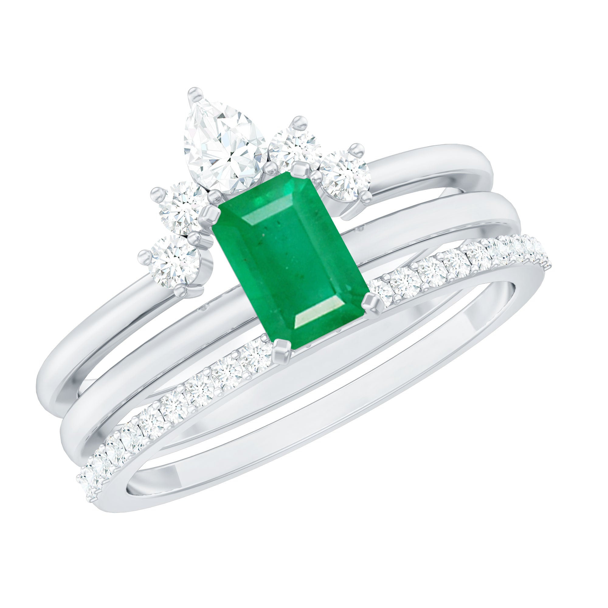 Natural Emerald Cut Emerald Diamond Bridal Ring Set of 3 AAA - Rosec Jewels