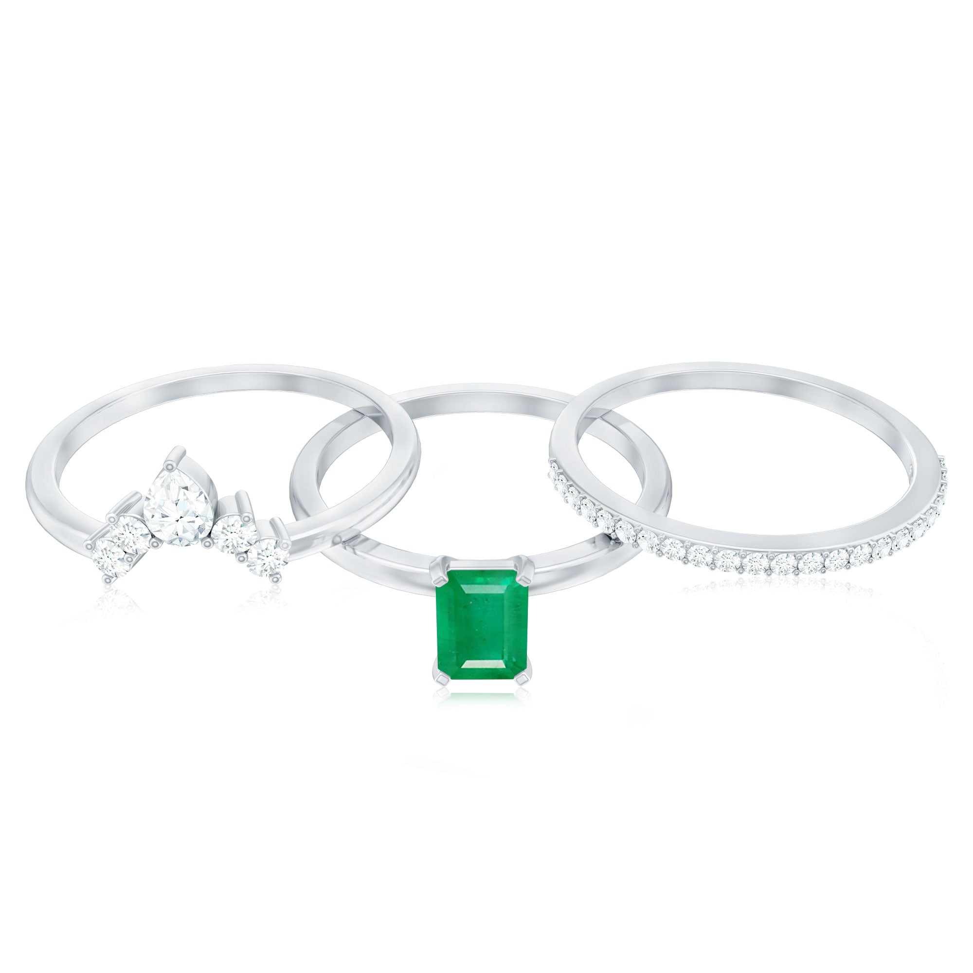 Natural Emerald Cut Emerald Diamond Bridal Ring Set of 3 AAA - Rosec Jewels