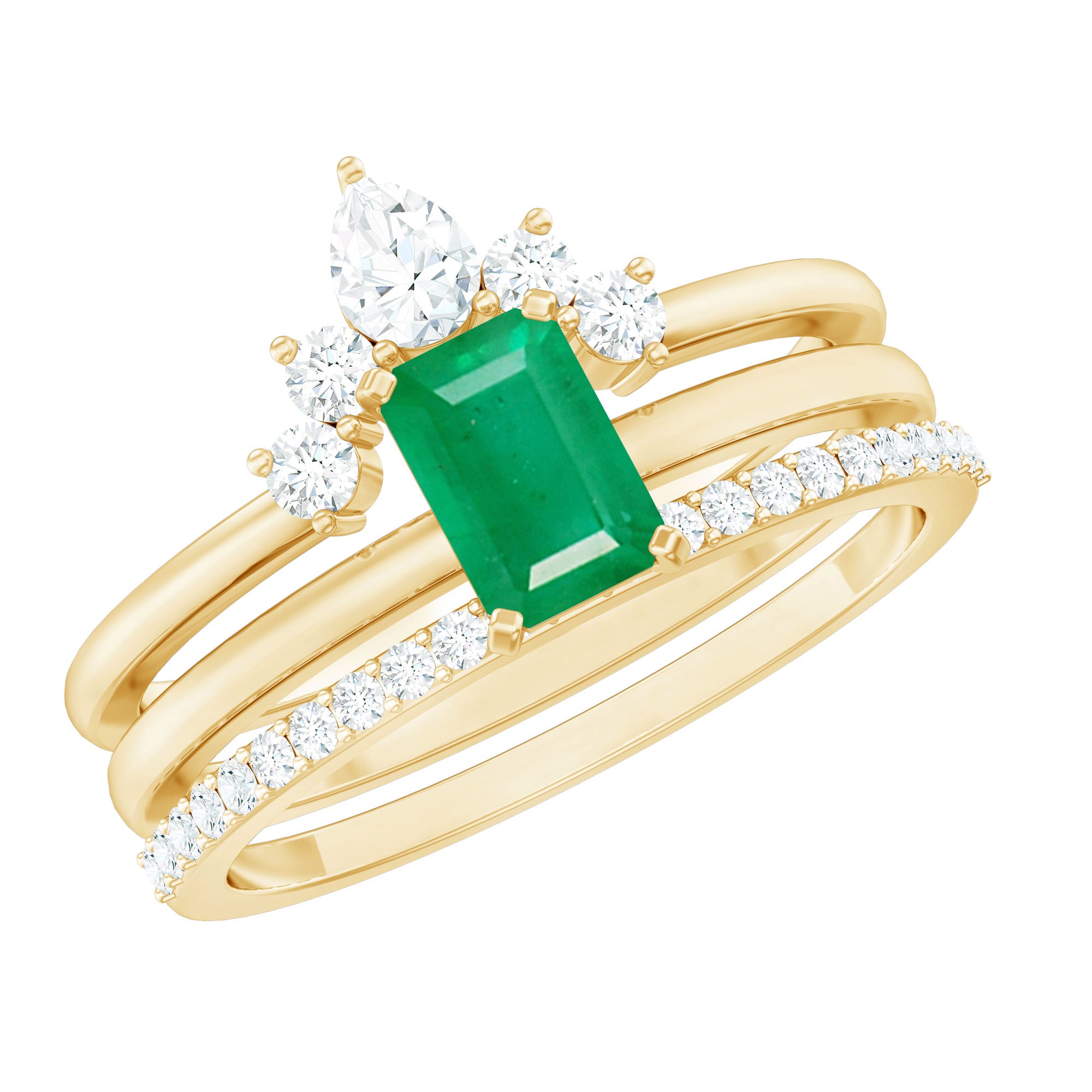 Natural Emerald Cut Emerald Diamond Bridal Ring Set of 3 AAA - Rosec Jewels