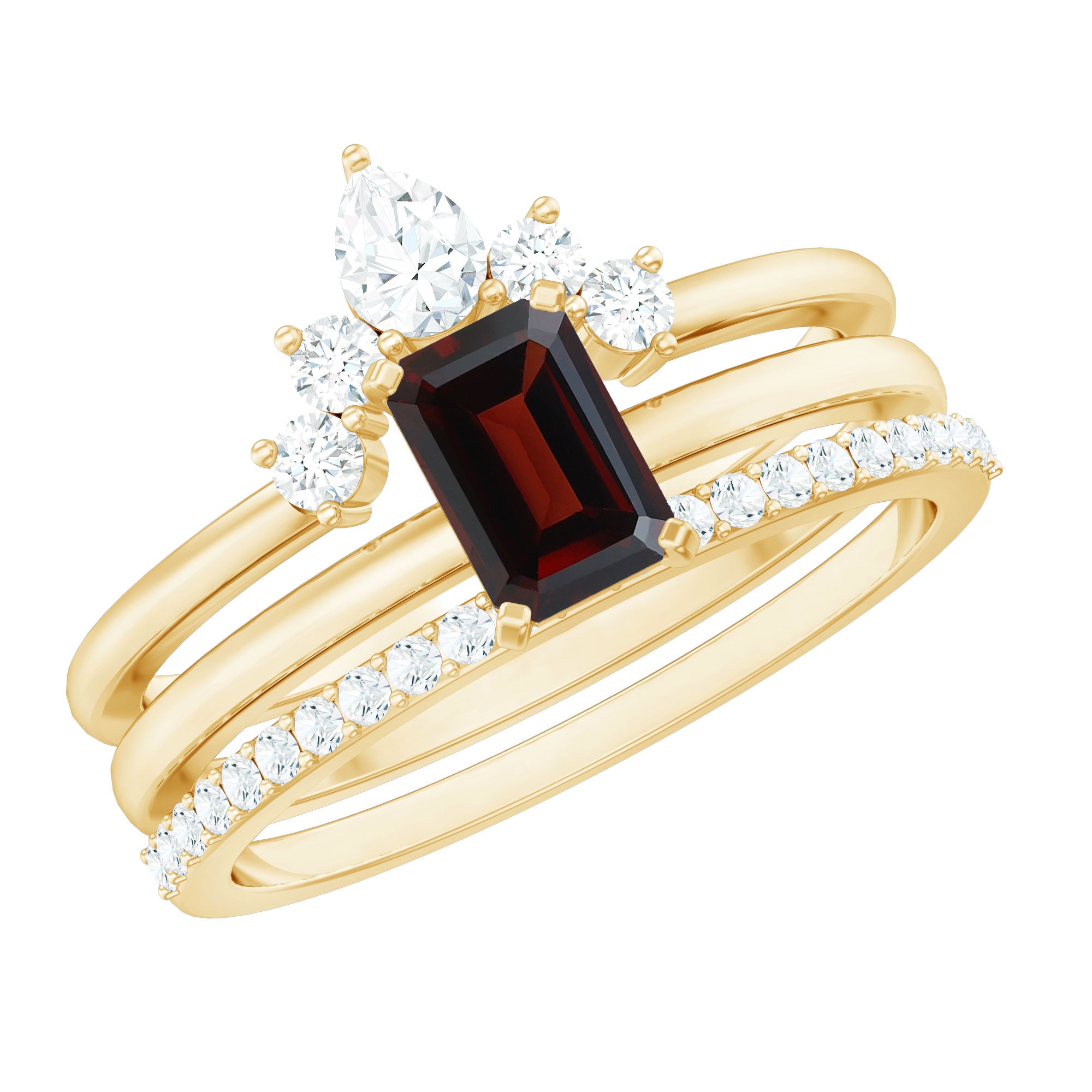 Natural Emerald Cut Garnet Diamond 3 Piece Wedding Ring Set AAA - Rosec Jewels