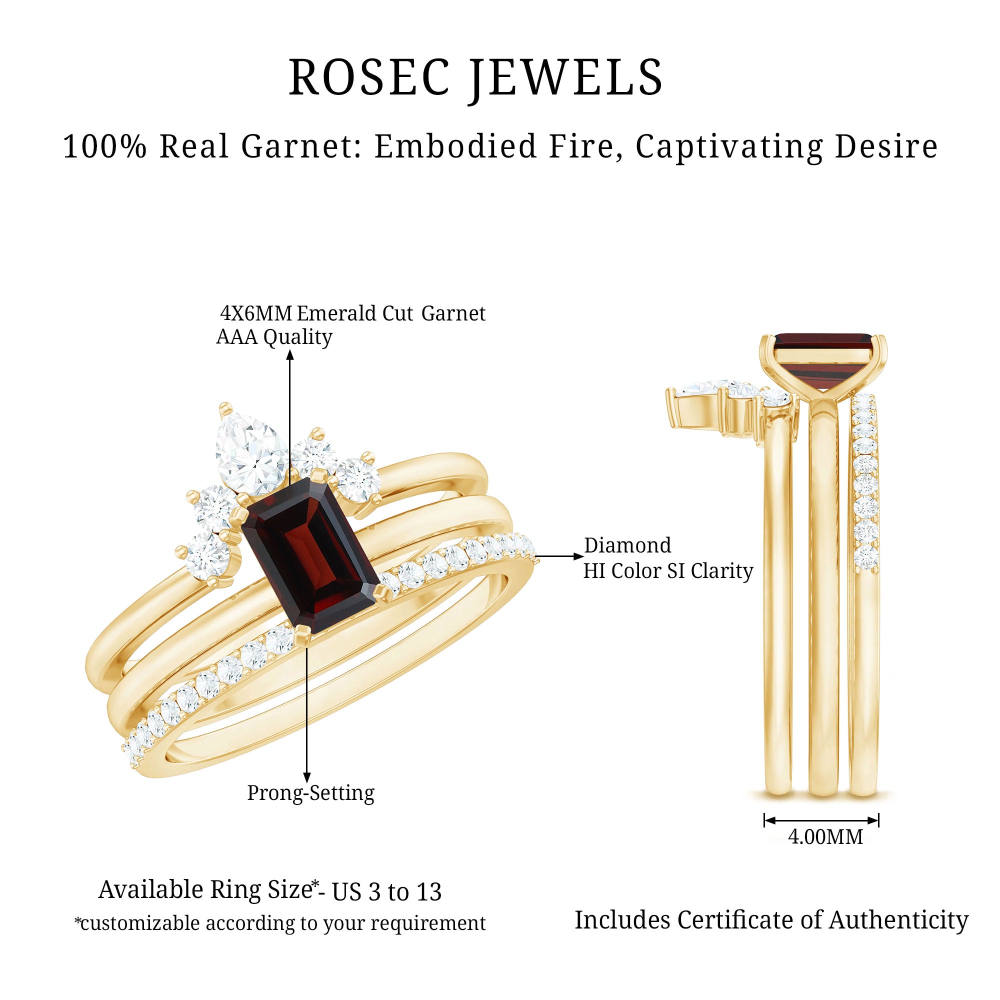 Natural Emerald Cut Garnet Diamond 3 Piece Wedding Ring Set AAA - Rosec Jewels