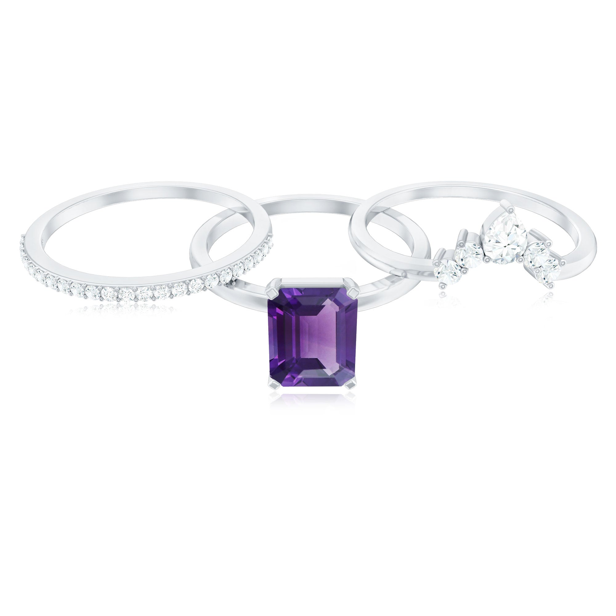 Natural 1.4 Carat Amethyst 3 Piece Bridal Ring Set with Diamond AAA - Rosec Jewels