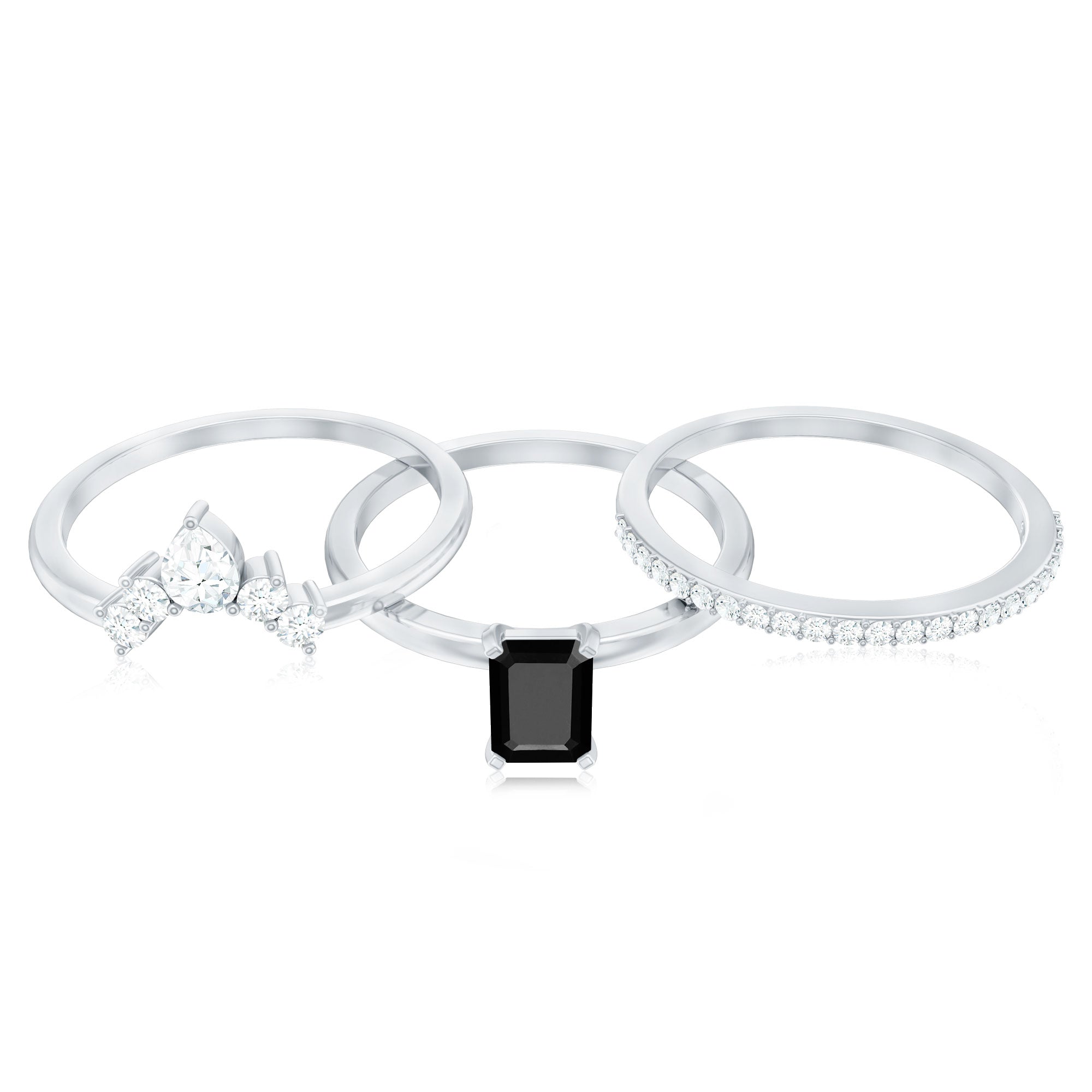 Emerald Cut Black Onyx and Diamond Trio Wedding Ring Set AAA - Rosec Jewels